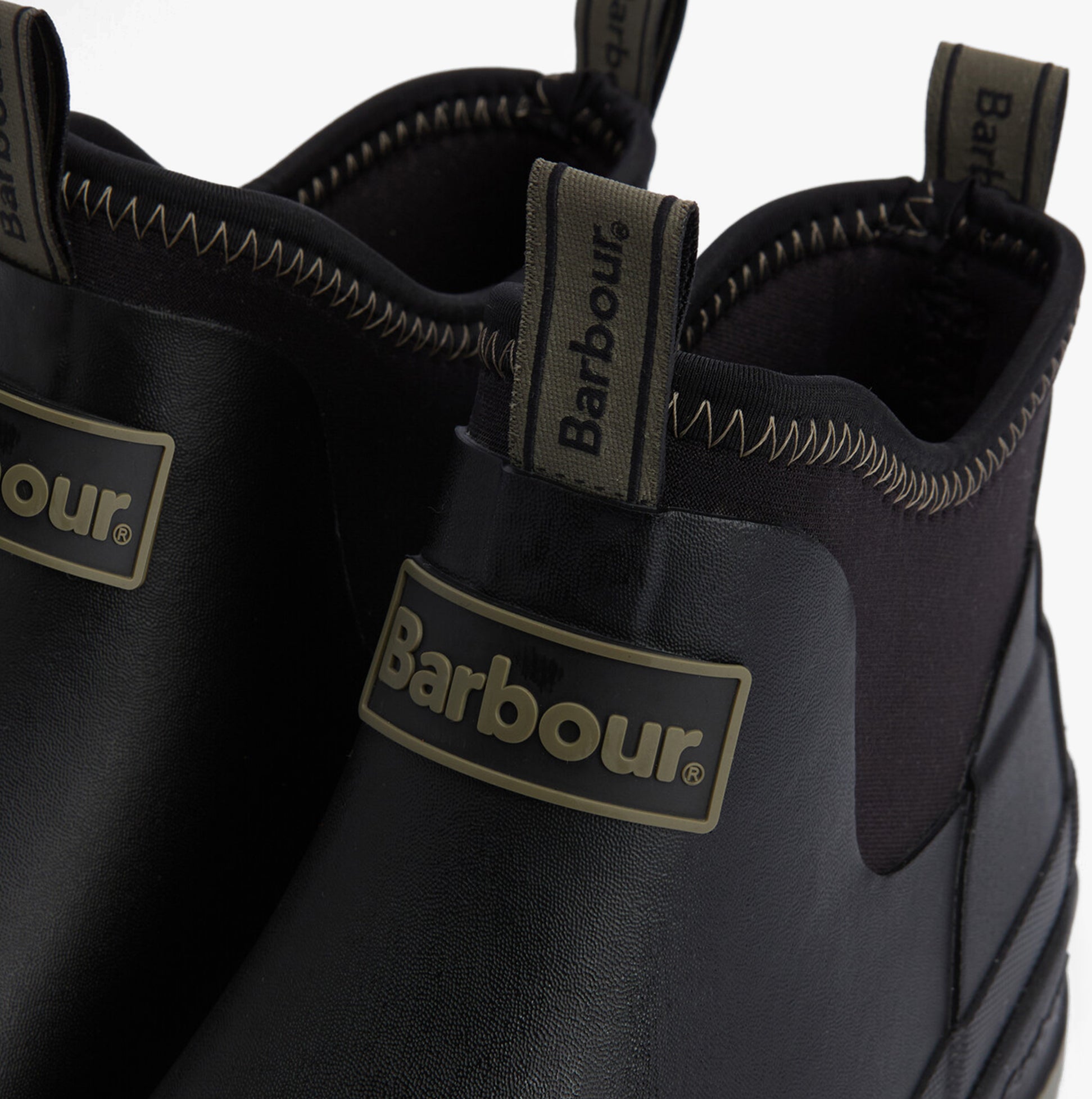 Barbour RIDGE Mens Wellies Black close-up view of the ankle boot showing the branding and rubber texture.