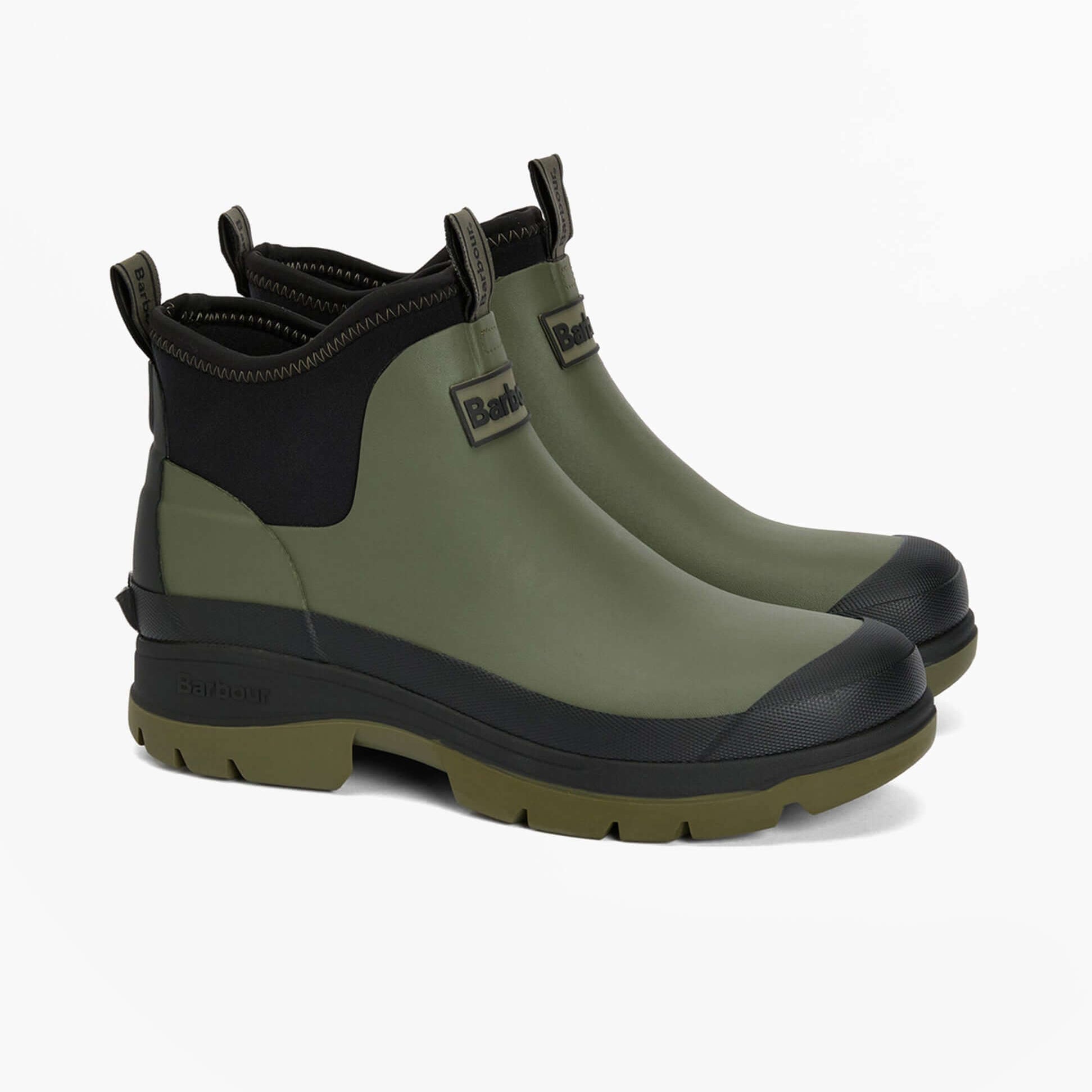 Barbour RIDGE Mens Wellies Uniform Green side view showing pull-on design and waterproof features.