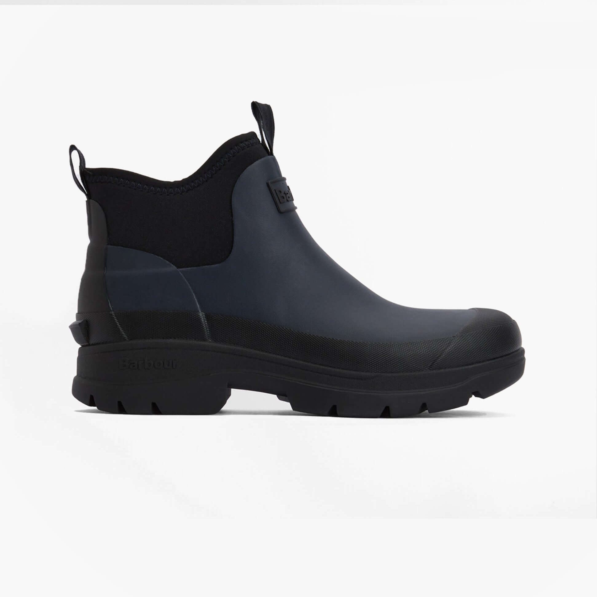 Barbour RIDGE Mens Wellies Navy/Black side view showing synthetic/rubber upper and ankle height design.