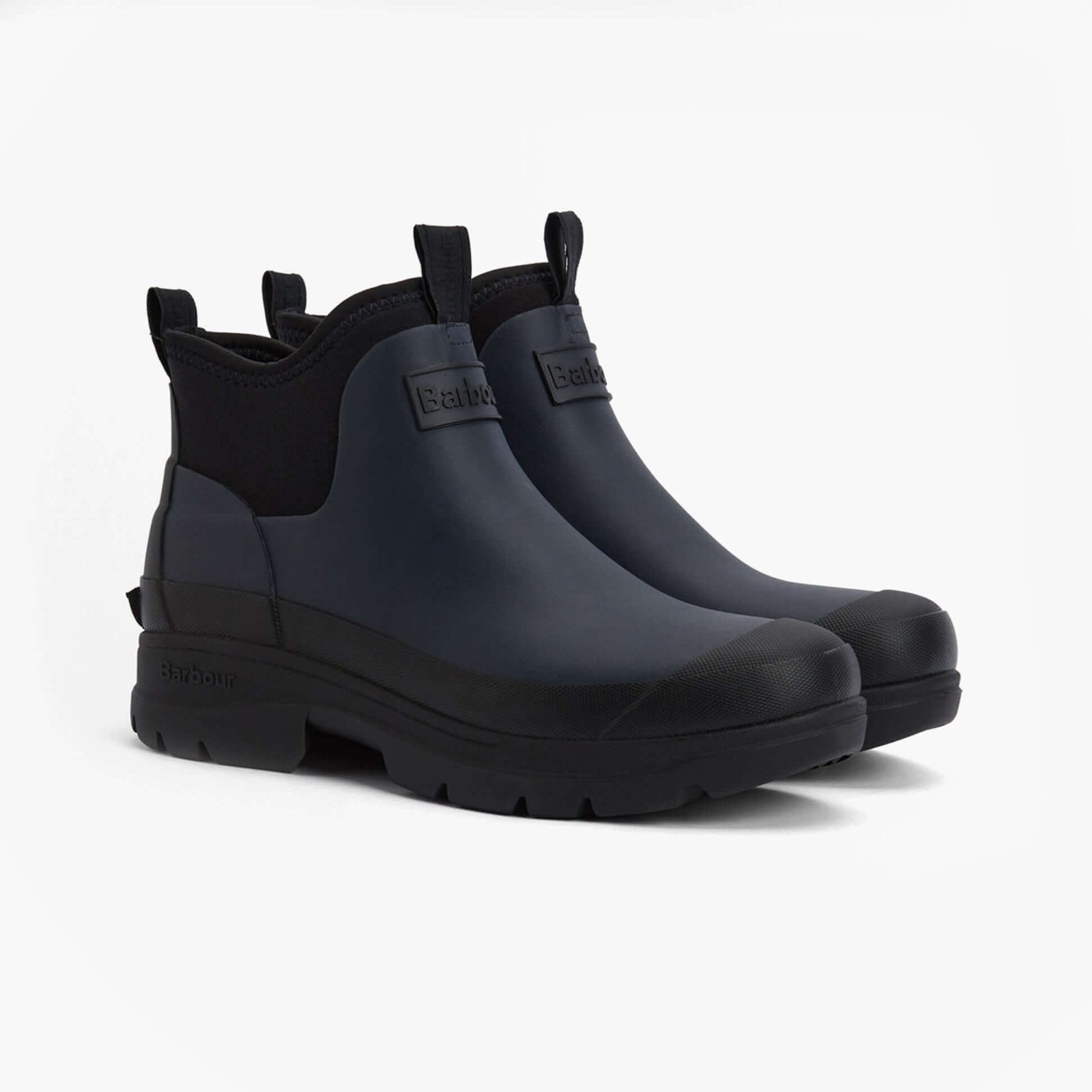 Barbour RIDGE Mens Wellies Navy/Black side view showing synthetic/rubber upper and pull-on design.