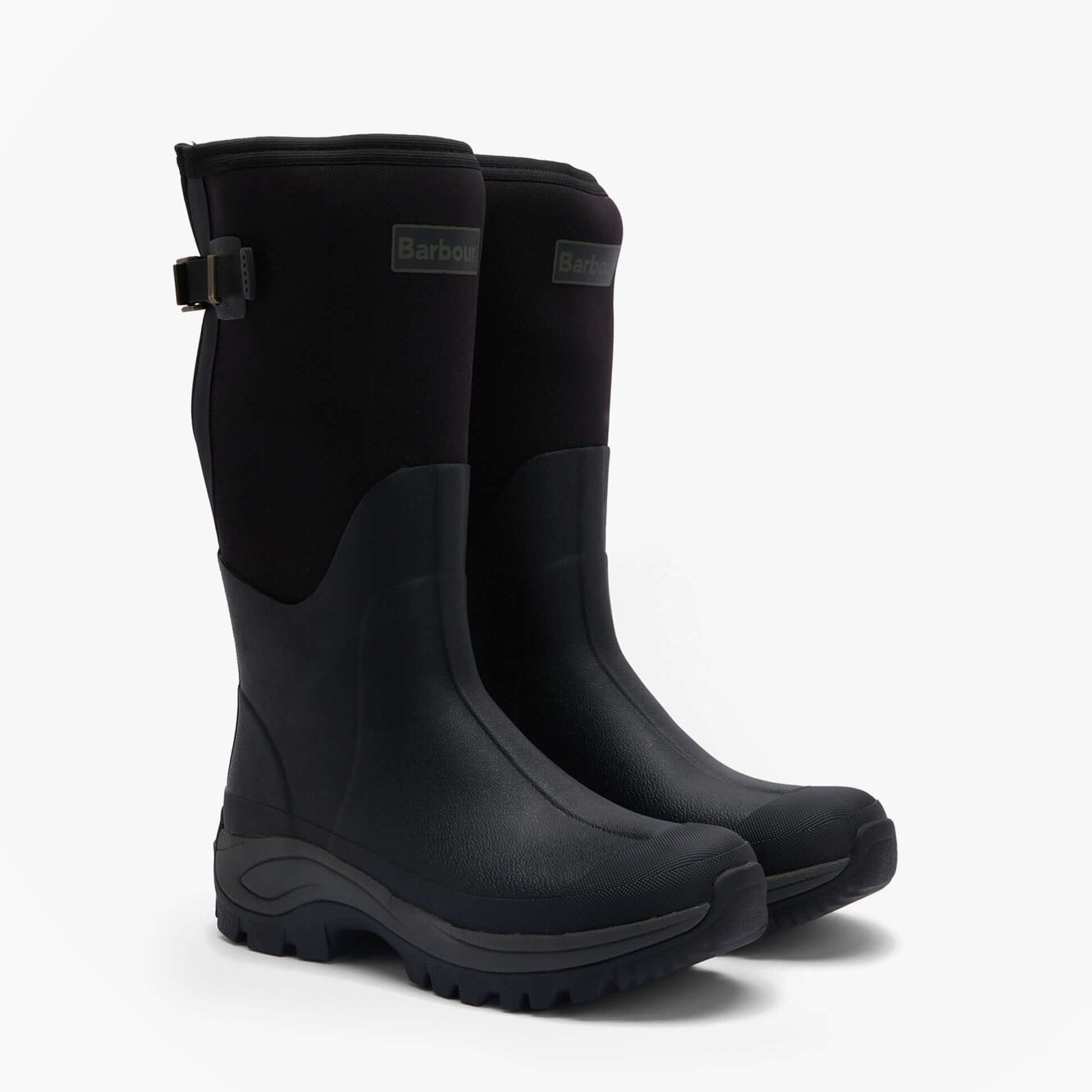 Barbour TYNEDALE Mens Tall Wellies Black side view showcasing synthetic upper and rubber sole.