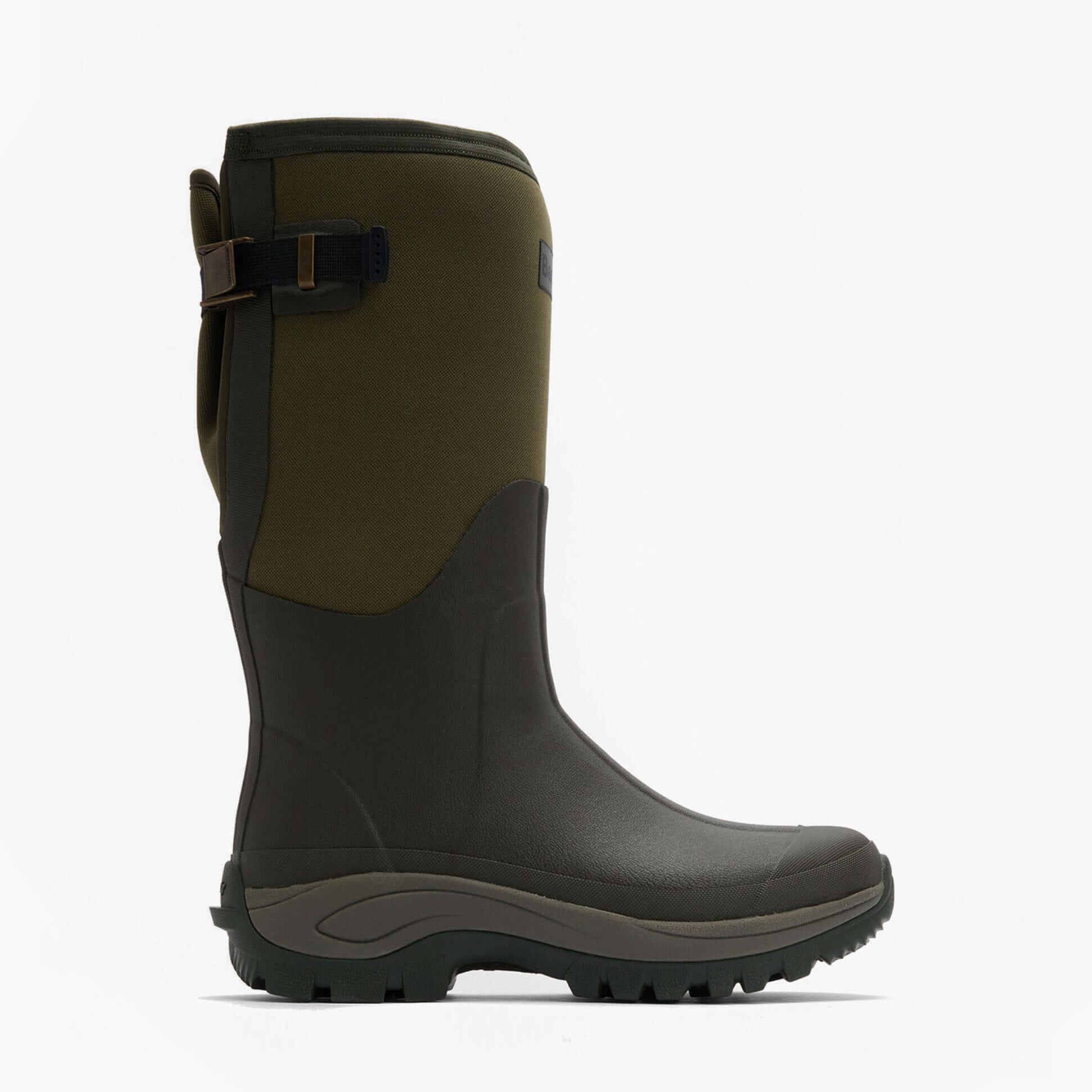 Barbour TYNEDALE Mens Tall Wellies Olive side view detailing the rubber and synthetic material construction.