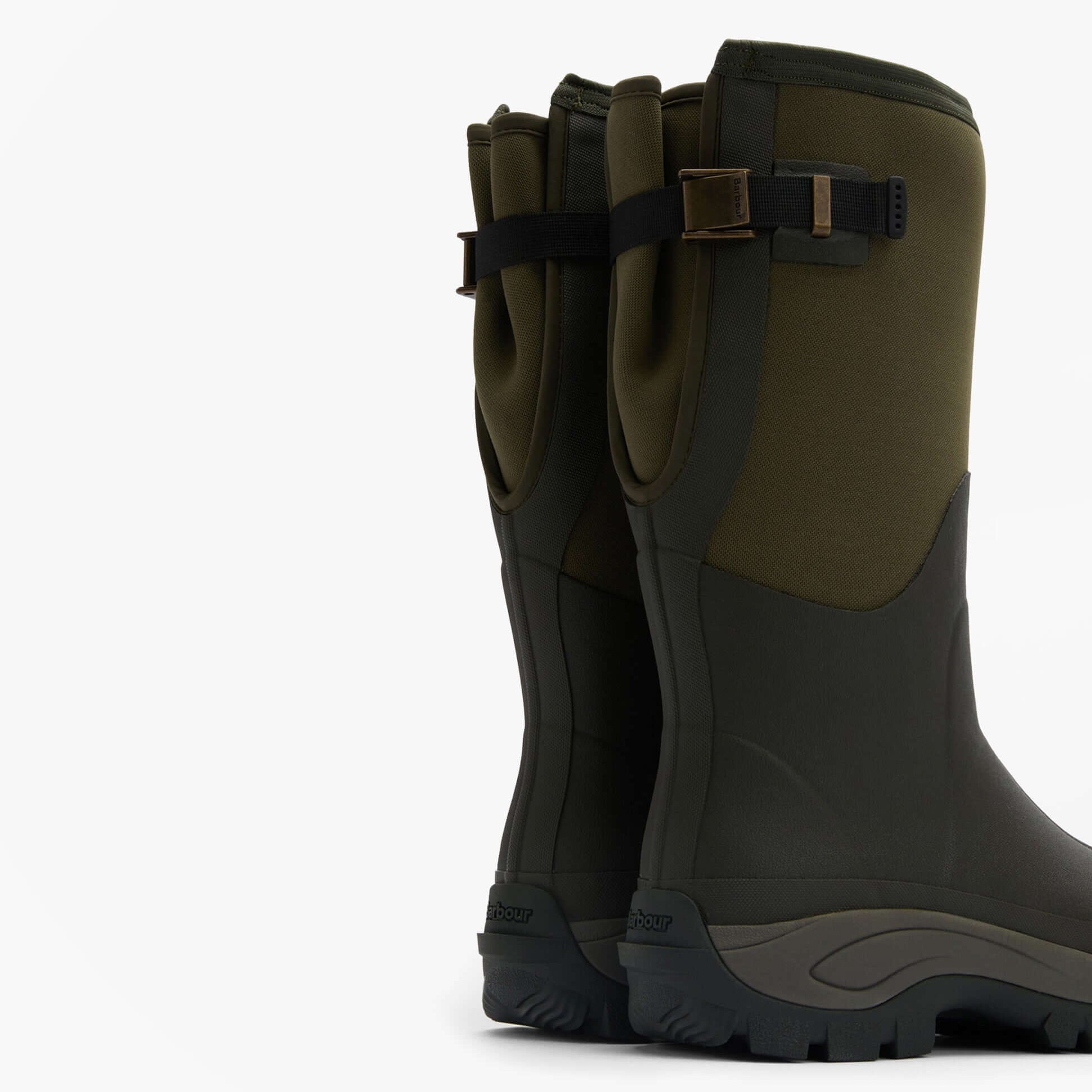 Barbour TYNEDALE Mens Tall Wellies Olive side view showcasing the tall design, waterproof material, and buckle detail.