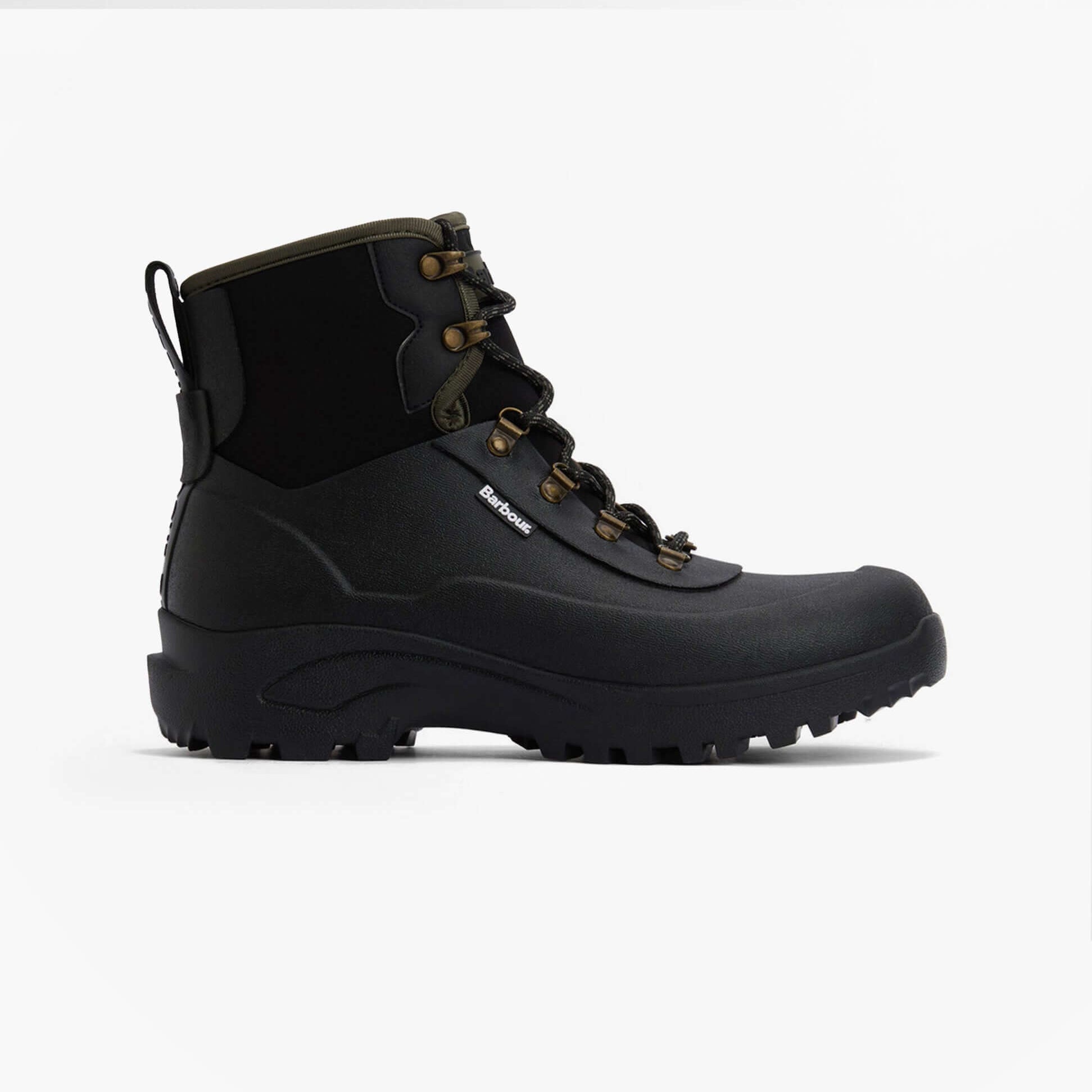 Barbour MARLOW Mens Lace Up Wellies Black side view showcasing combat boot style with lace-up design and rubber sole.