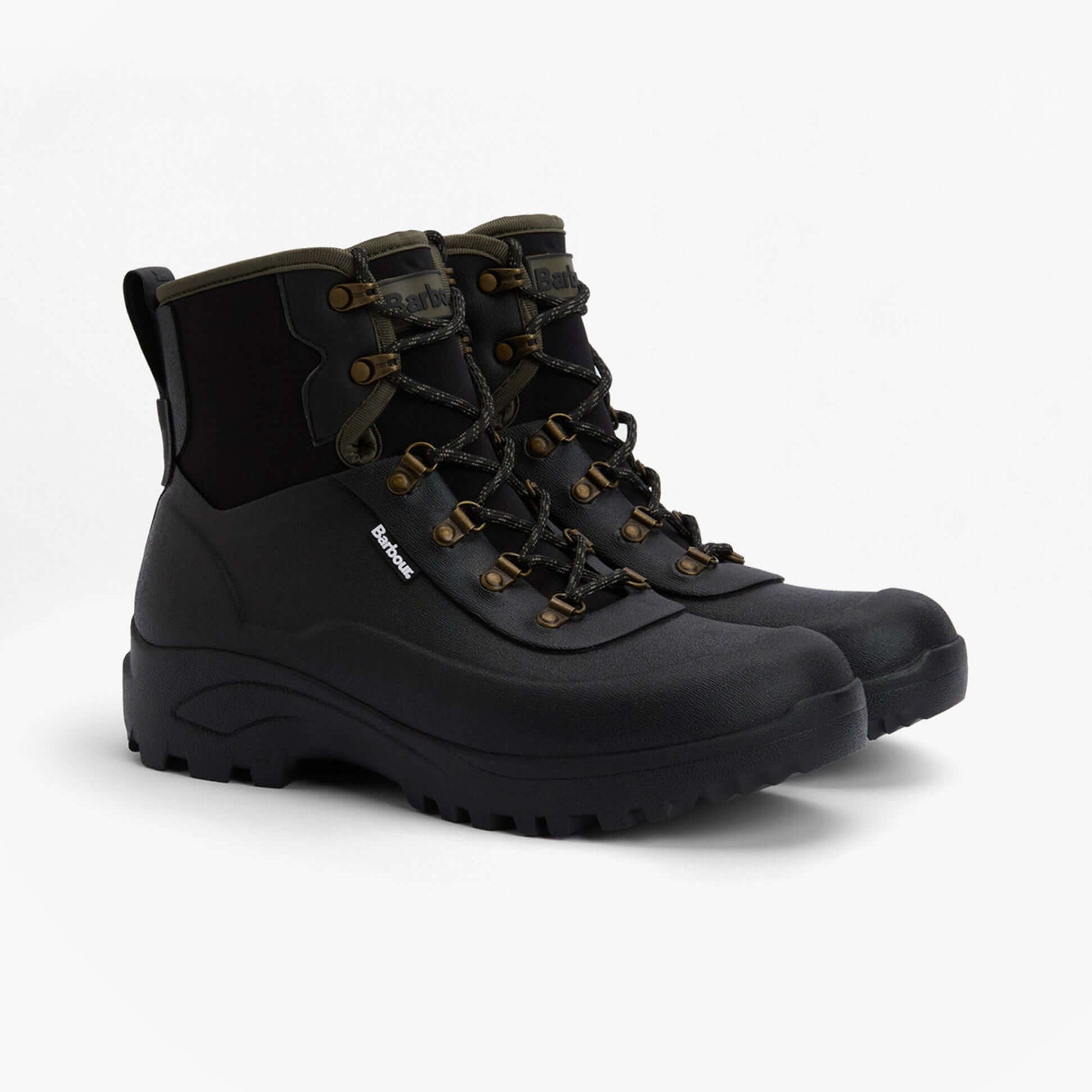 Barbour MARLOW Mens Lace Up Wellies Black side view showing combat boot style with lace-up closure and rubber sole.