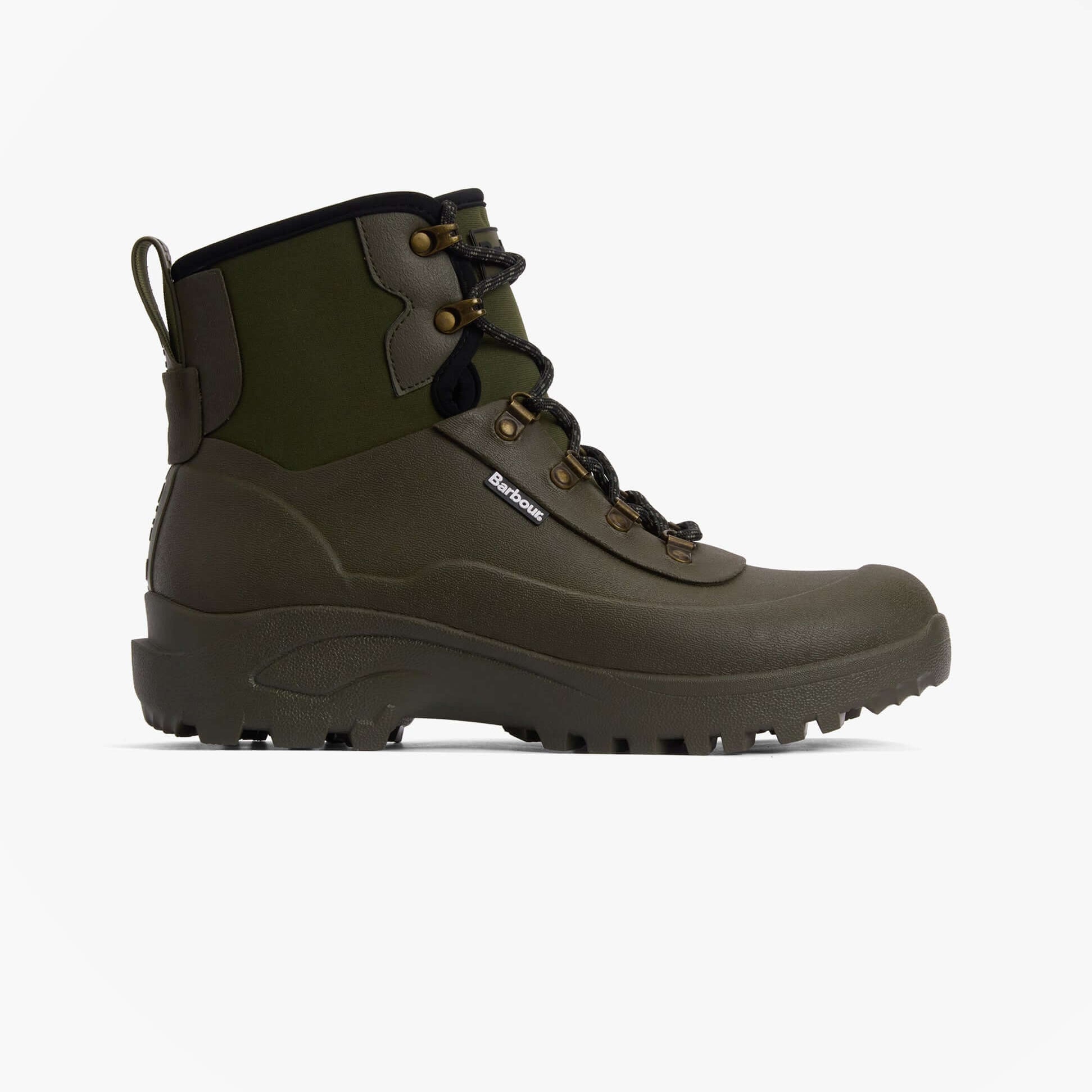 Barbour MARLOW Mens Lace Up Wellies Olive side view, showing combat boot style with synthetic/rubber upper and lace-up closure.