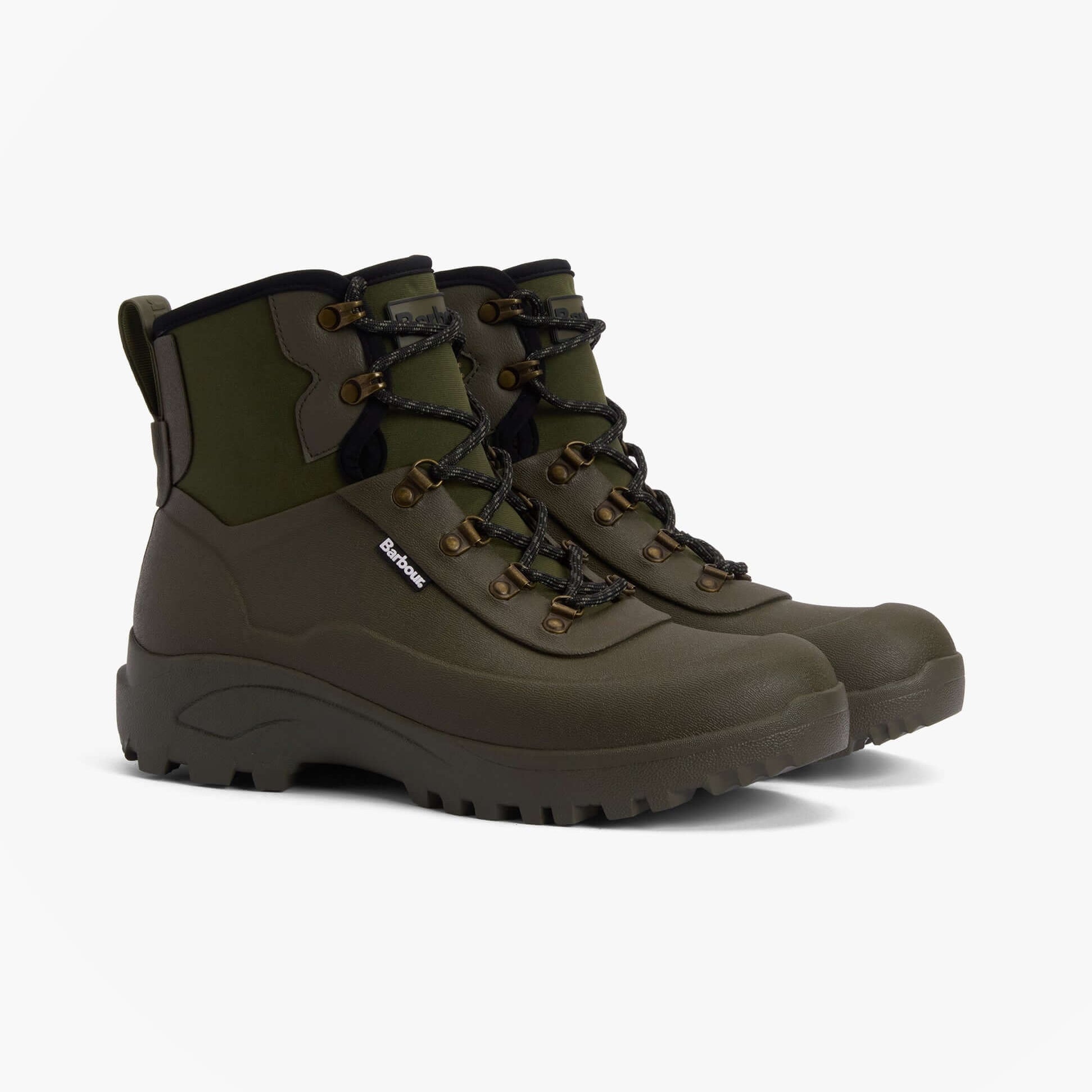 Barbour MARLOW Mens Lace Up Wellies Olive side view showcasing combat boot style with lace-up design and rubber sole.