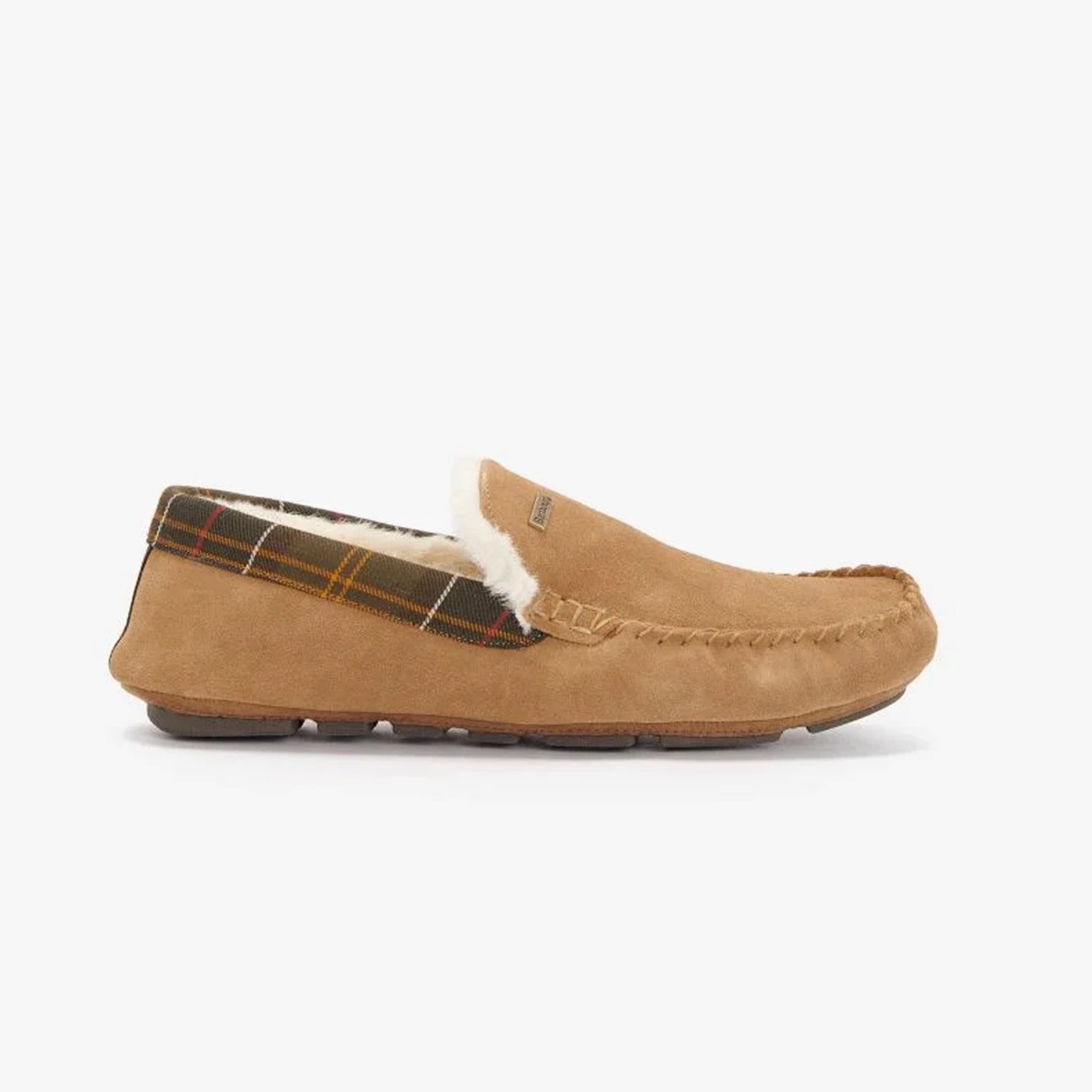 Barbour MONTY Mens Slippers Camel side view showcasing suede upper and warm lining details.