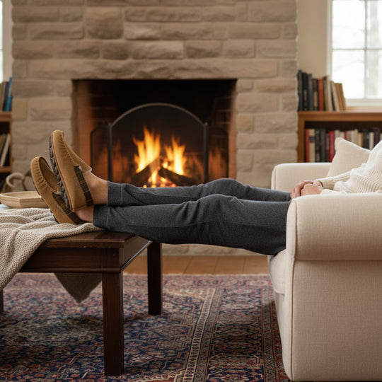 Side view of Barbour MONTY Mens Slippers Camel worn, relaxed by a cozy fireplace, showcasing comfort and style.