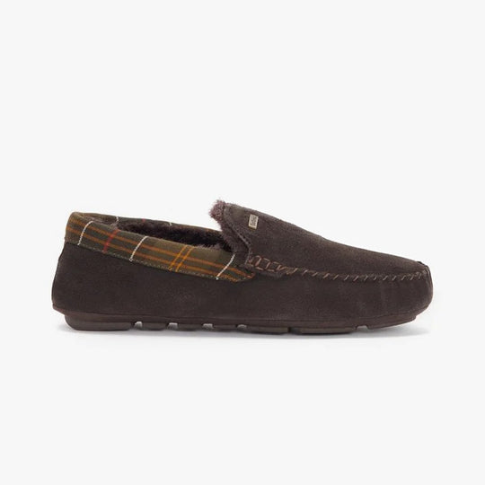 Barbour MONTY Mens Slippers Brown side view showcasing suede and fabric details, comfort lining, and slip-on style.