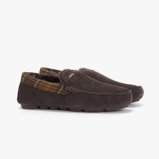 Barbour MONTY Mens Slippers Brown side view showing suede upper and plaid lining.