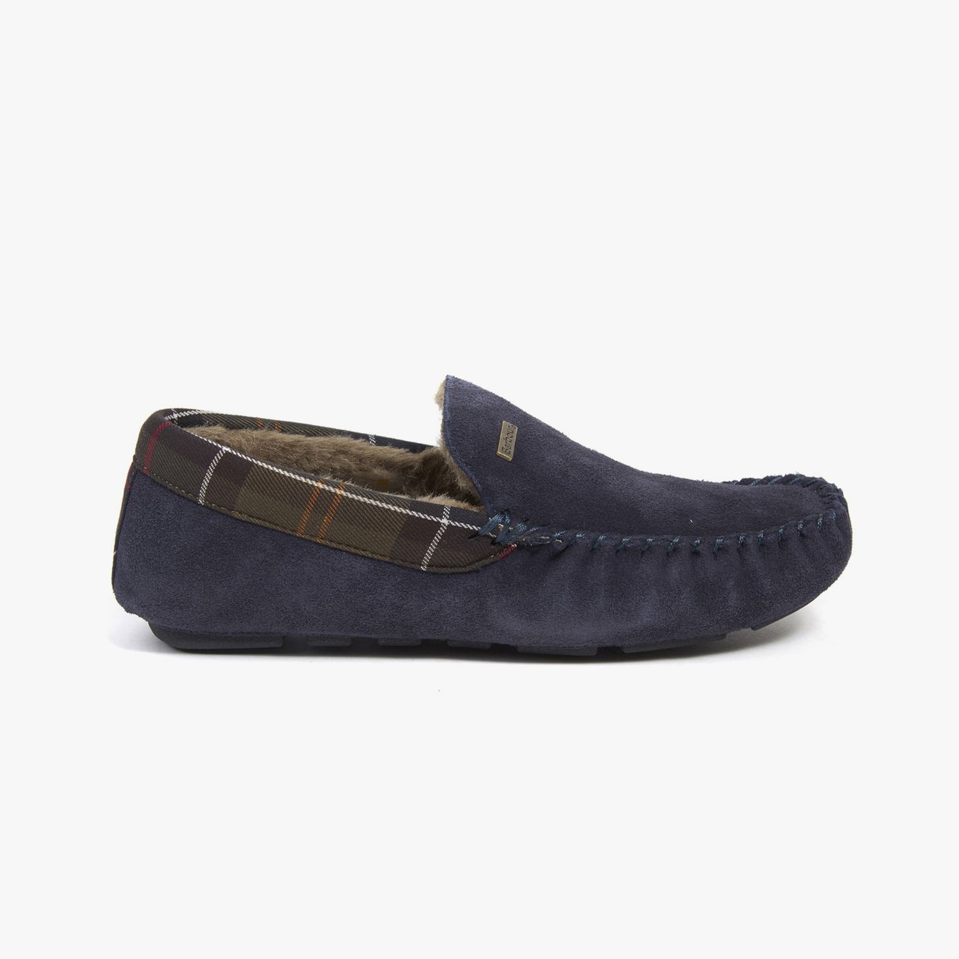 Barbour MONTY Mens Slippers Navy side view, suede upper, round toe, slip-on moccasins with warm lining.