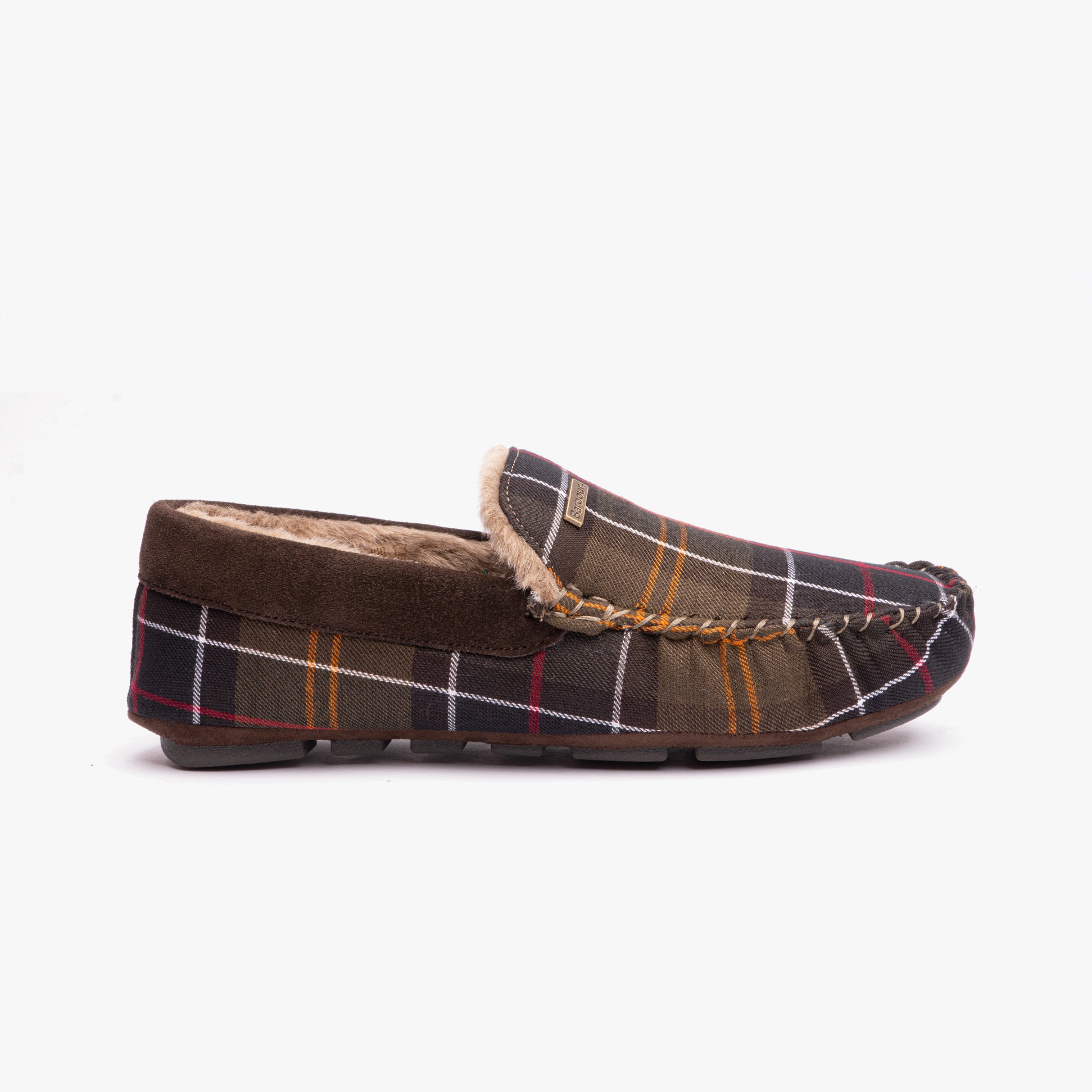 Barbour MONTY Mens Slippers Recycled Classic Tartan side view with suede and tartan design.