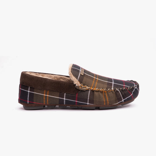 Barbour MONTY Mens Slippers Recycled Classic Tartan side view with suede and tartan design.