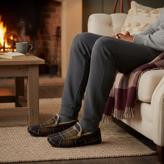 Barbour MONTY Mens Slippers Recycled Classic Tartan side view worn indoors near a fireplace, cozy atmosphere.