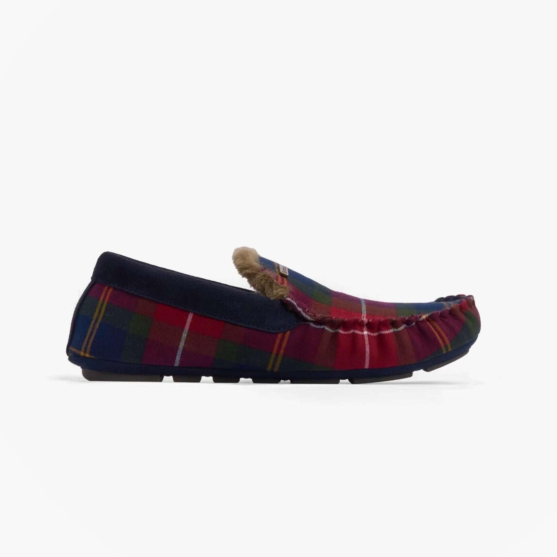 Barbour MONTY Mens Moccasin Slippers Winterberry Tartan side view showcasing suede and fabric upper.