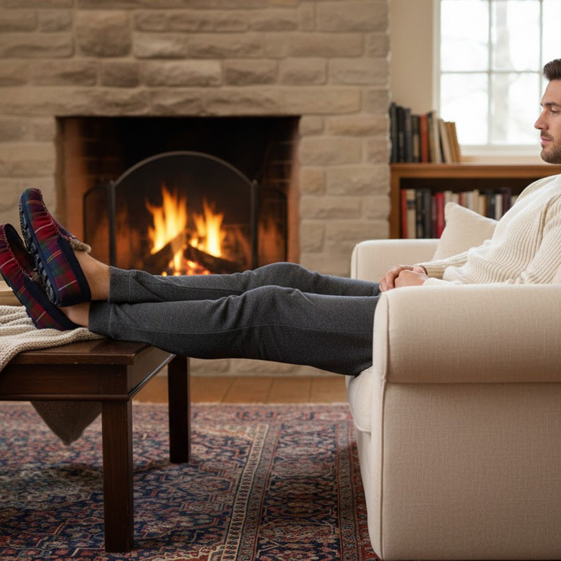 Barbour MONTY Mens Moccasin Slippers Winterberry Tartan side view on a man lounging by a fireplace in a cozy living room.
