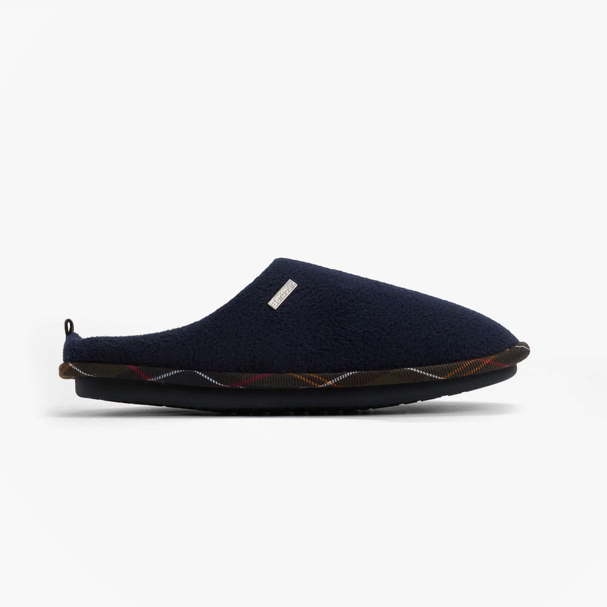 Barbour HEXHAM Mens Mule Slippers Navy side view featuring comfortable slip-on design with round toe shape.