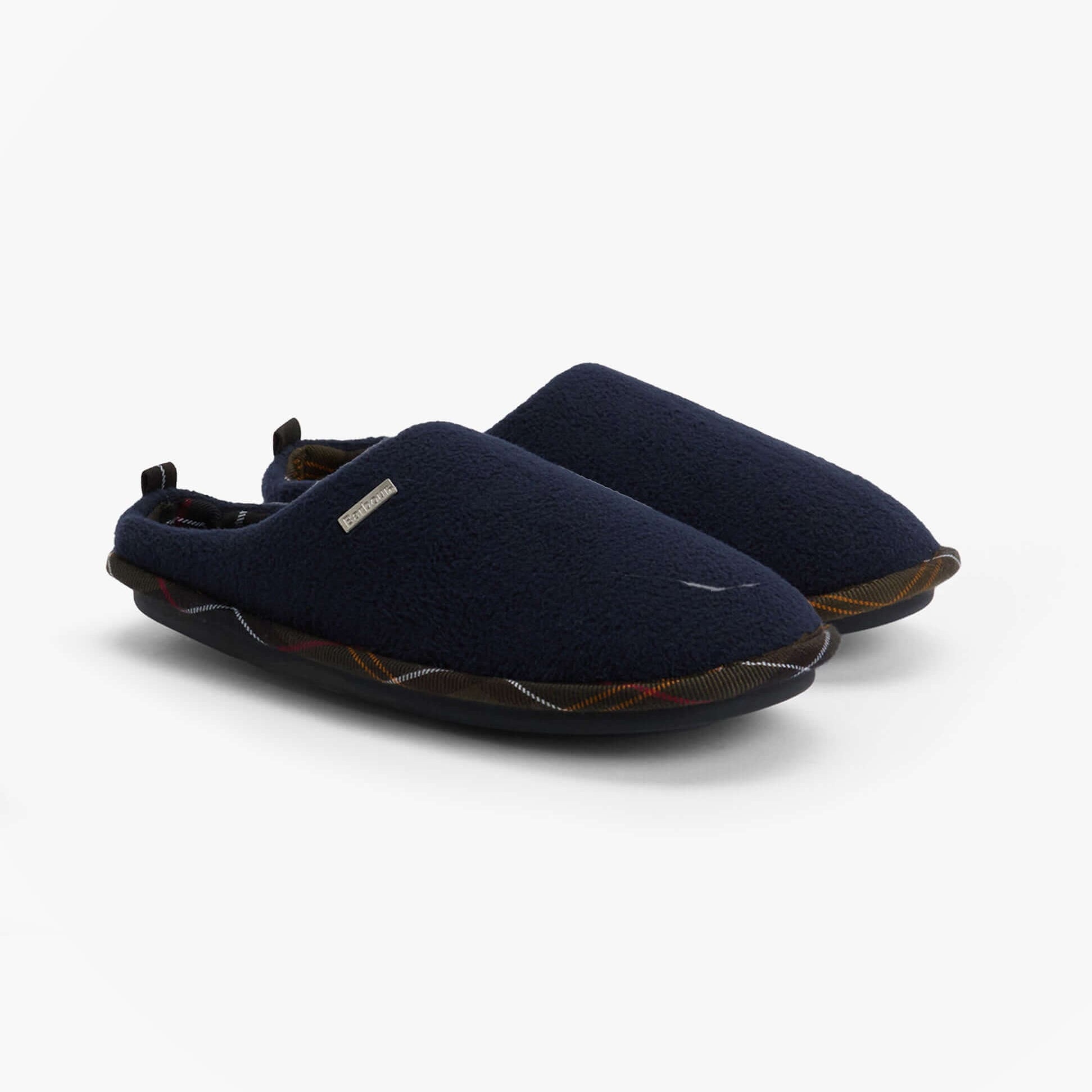 Barbour HEXHAM Mens Mule Slippers Navy side view showing soft fleece upper and synthetic sole.