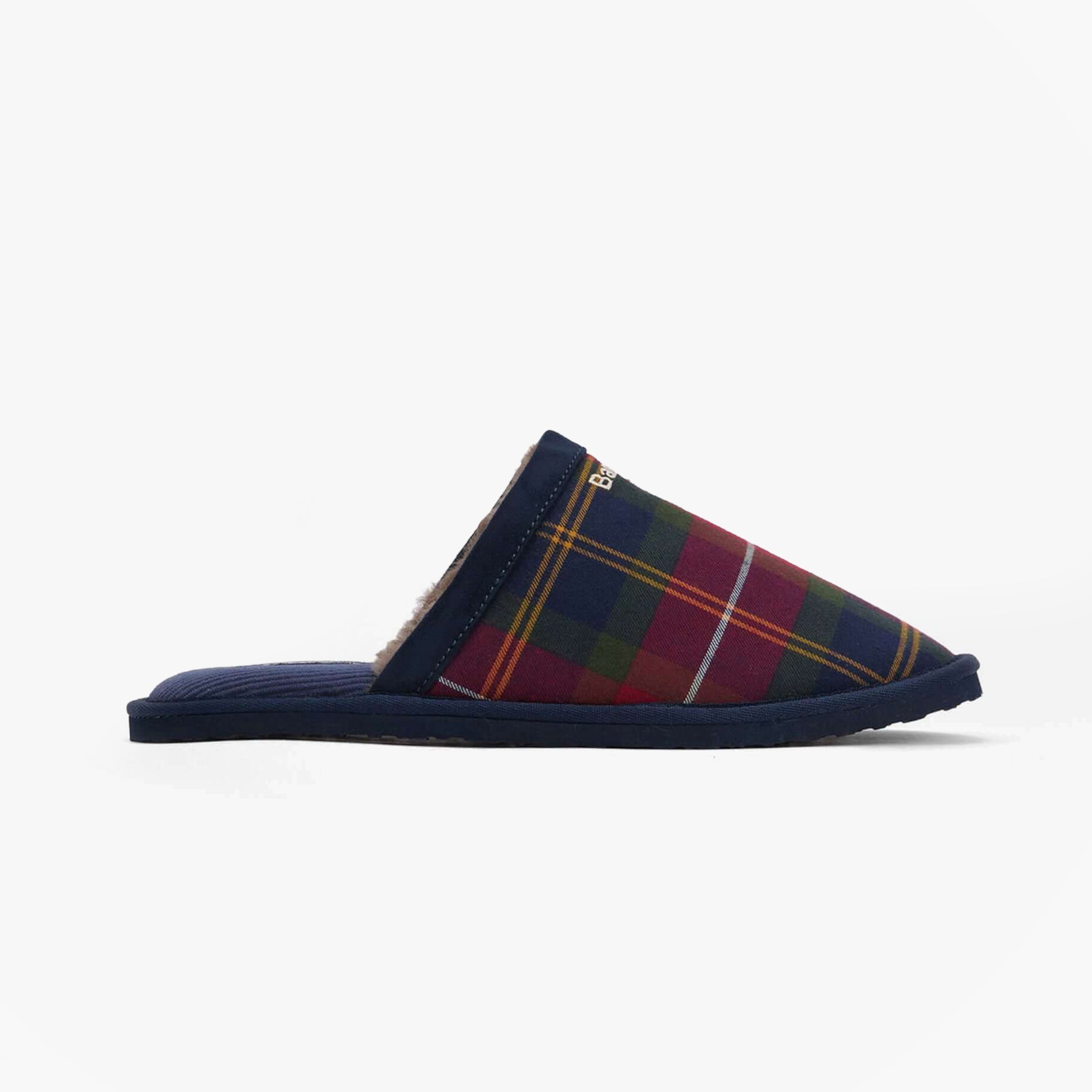 Barbour EVERITT Mens Mule Slippers Winterberry Tartan side view showcasing comfort and lightweight design.
