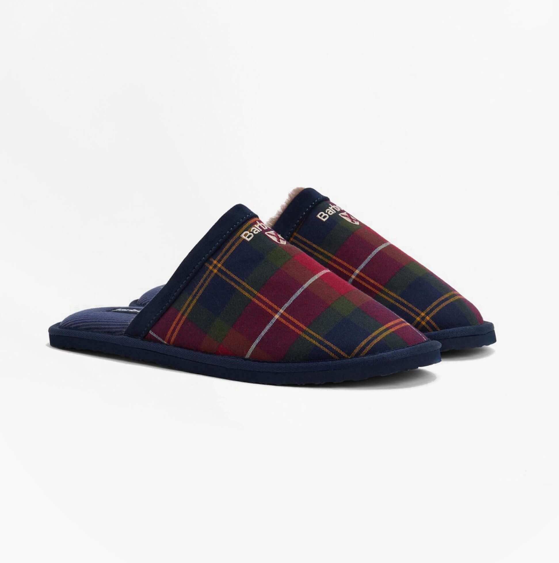 Barbour EVERITT Mens Mule Slippers Winterberry Tartan side view showing stylish tartan design and slip-on comfort.