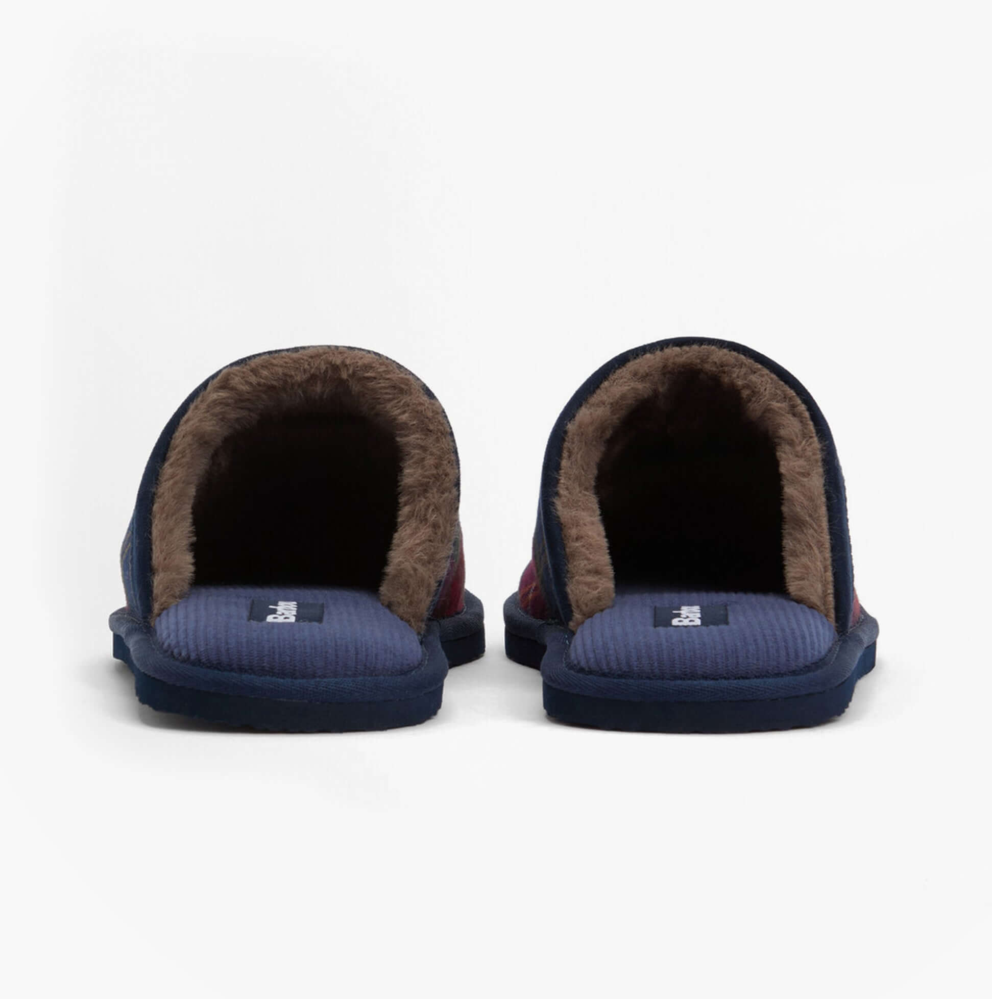 Barbour EVERITT Mens Mule Slippers Winterberry Tartan rear view with cozy lining and slip-on design
