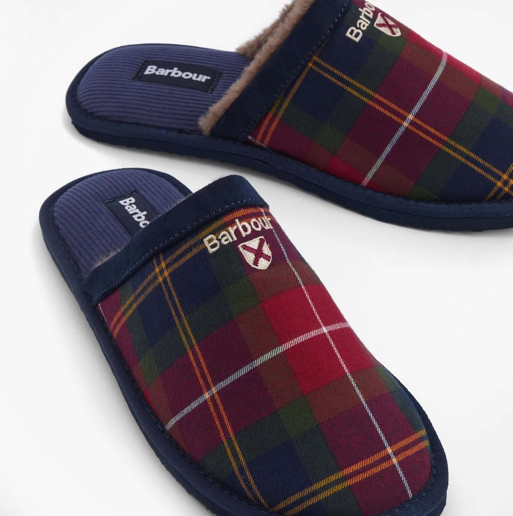 Barbour EVERITT Mens Mule Slippers Winterberry Tartan side view showcasing tartan design and slip-on style