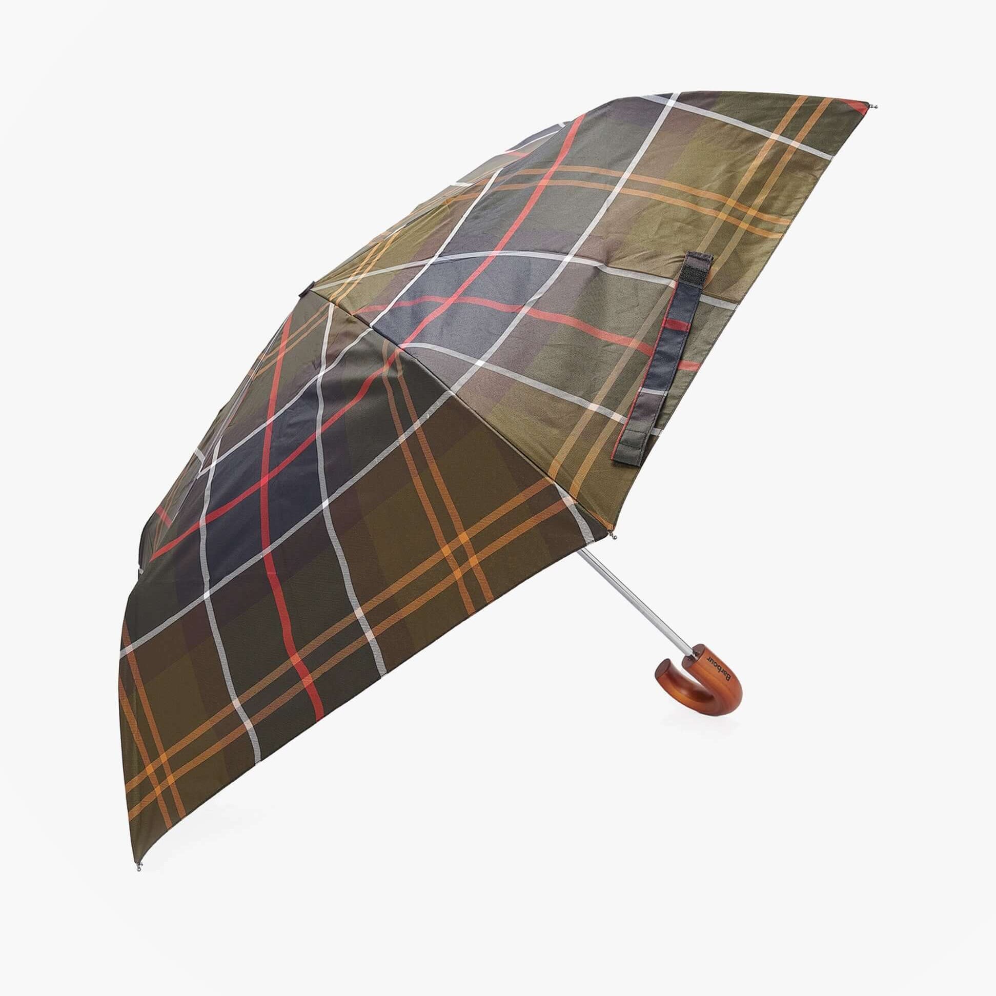 Barbour TARTAN MINI Classic Umbrella in a detail view showcasing the tartan pattern and curved handle.