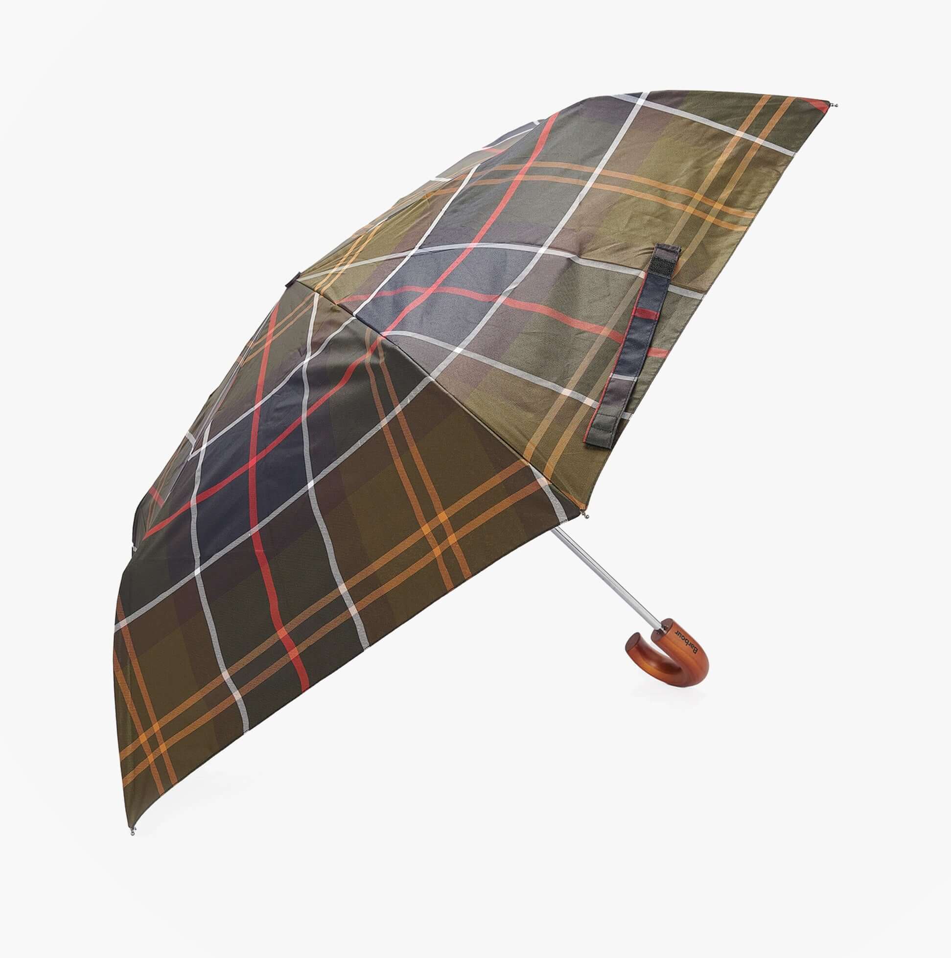 Barbour TARTAN MINI Classic Umbrella in a detail view showcasing the tartan pattern and curved handle.