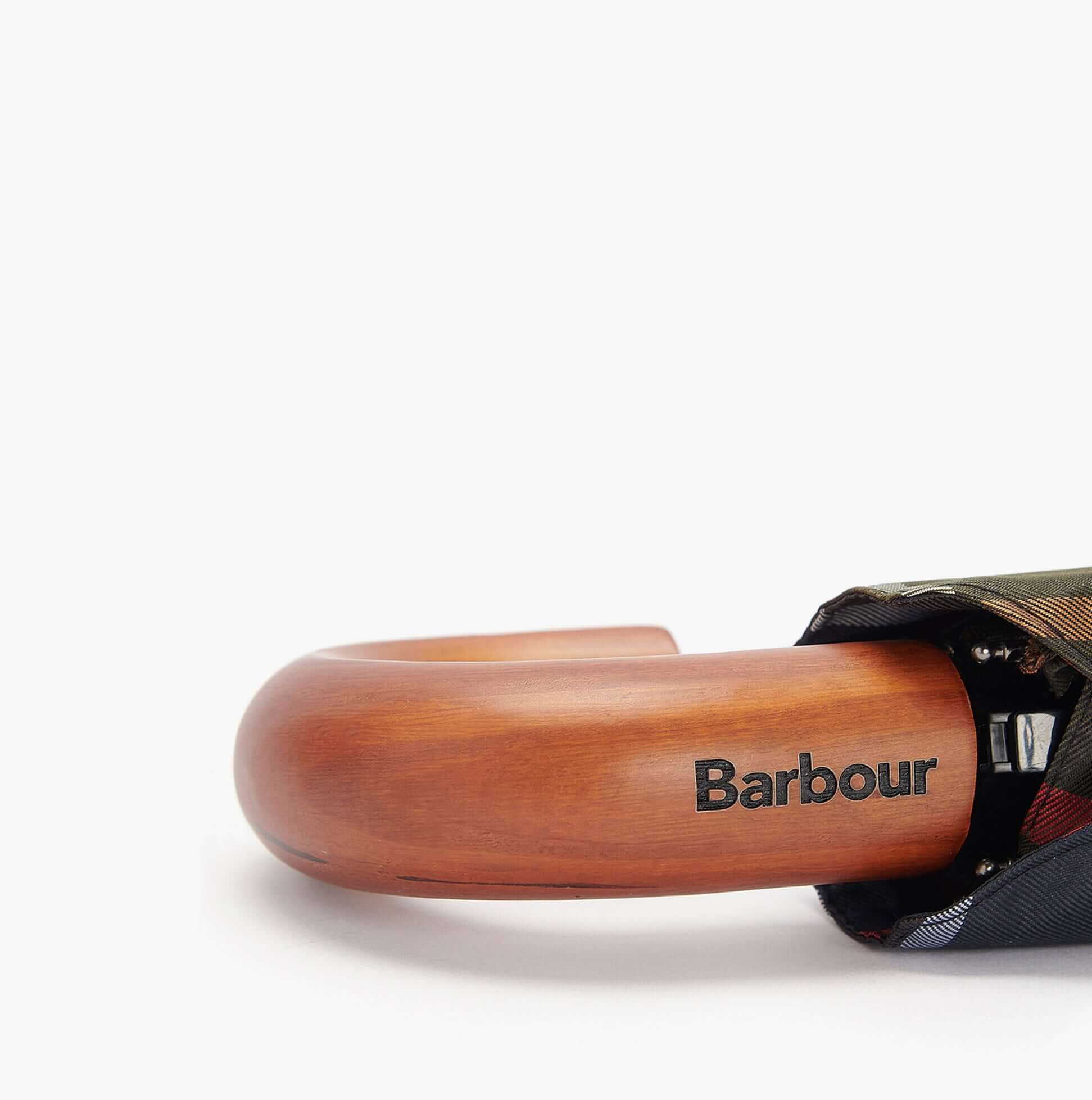 Barbour TARTAN MINI Classic Umbrella handle detail view with wooden grip and woven side flag label.