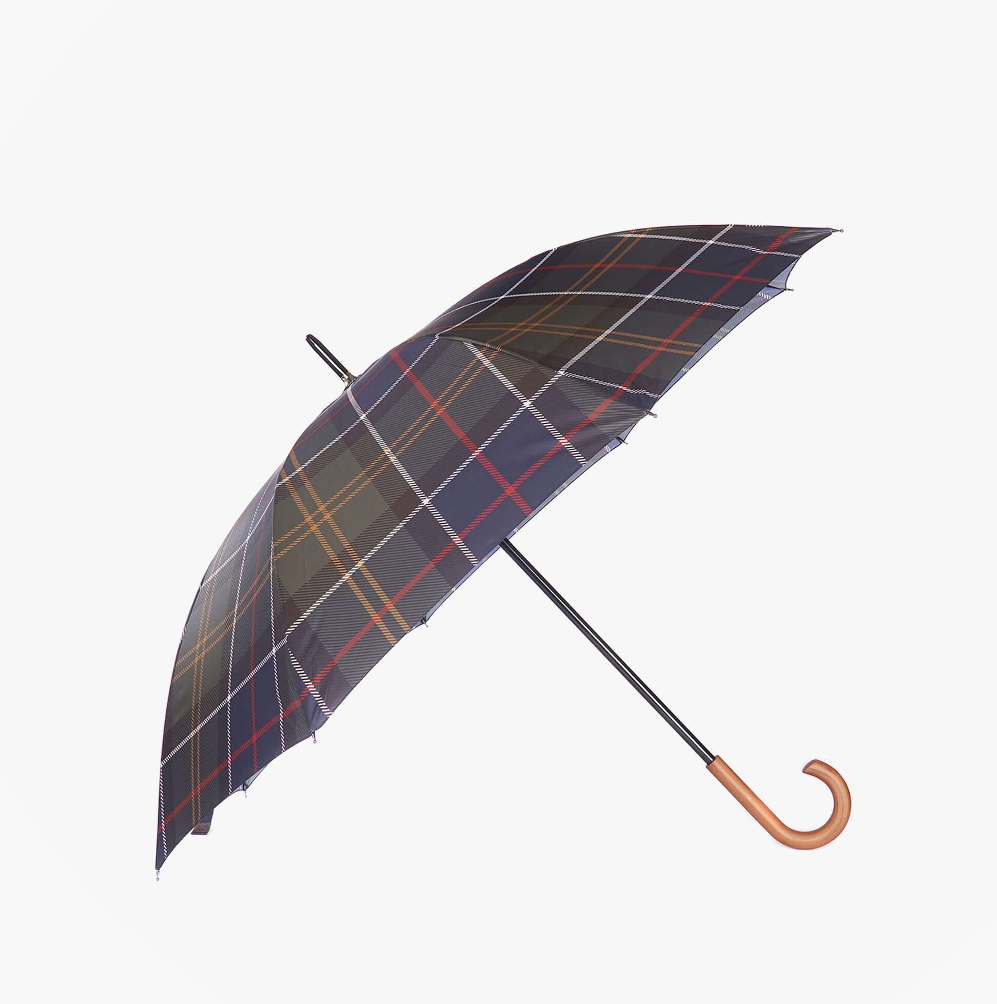 Barbour TARTAN FULL LENGTH Classic Umbrella side view showcasing plaid pattern and curved handle.
