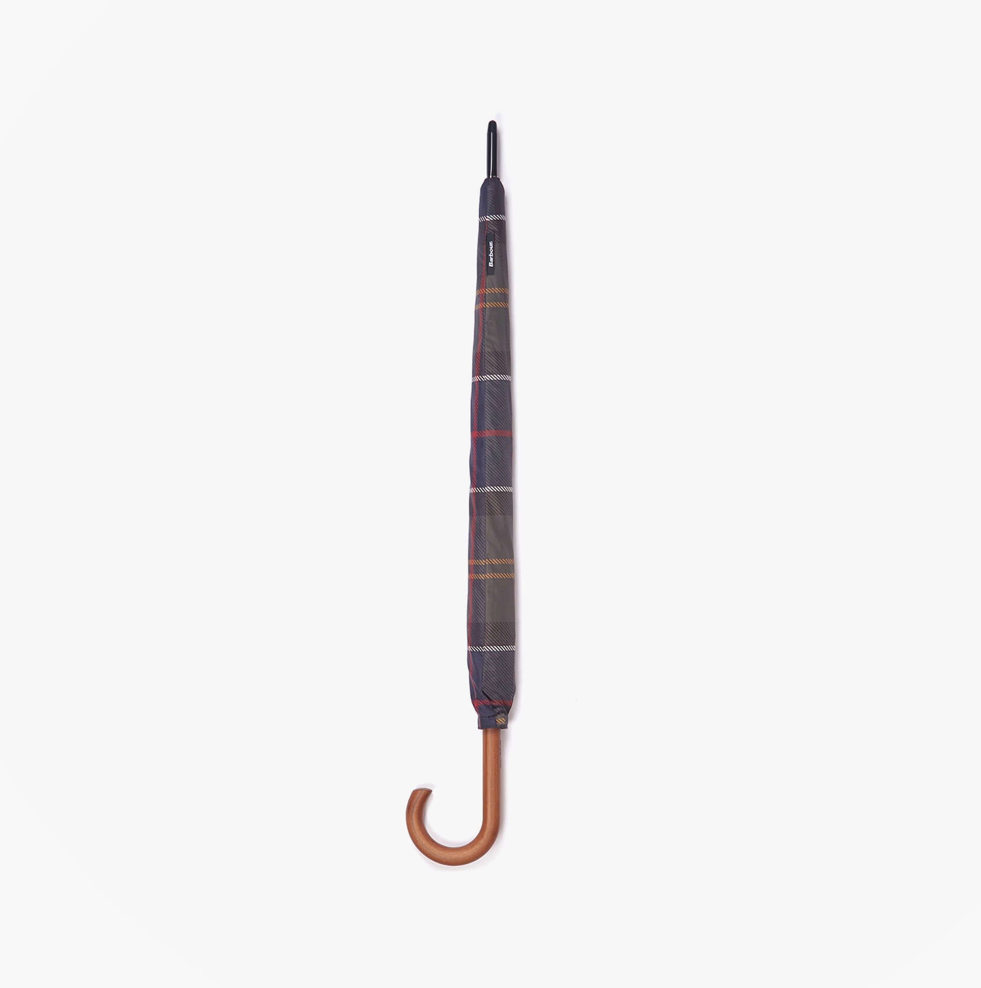 Barbour TARTAN FULL LENGTH Classic Umbrella front view showcasing the tartan design and wooden handle.