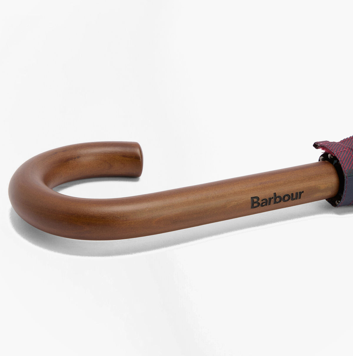 Barbour Tartan Walker Umbrella handle detail view with curved wooden grip showing Barbour logo.