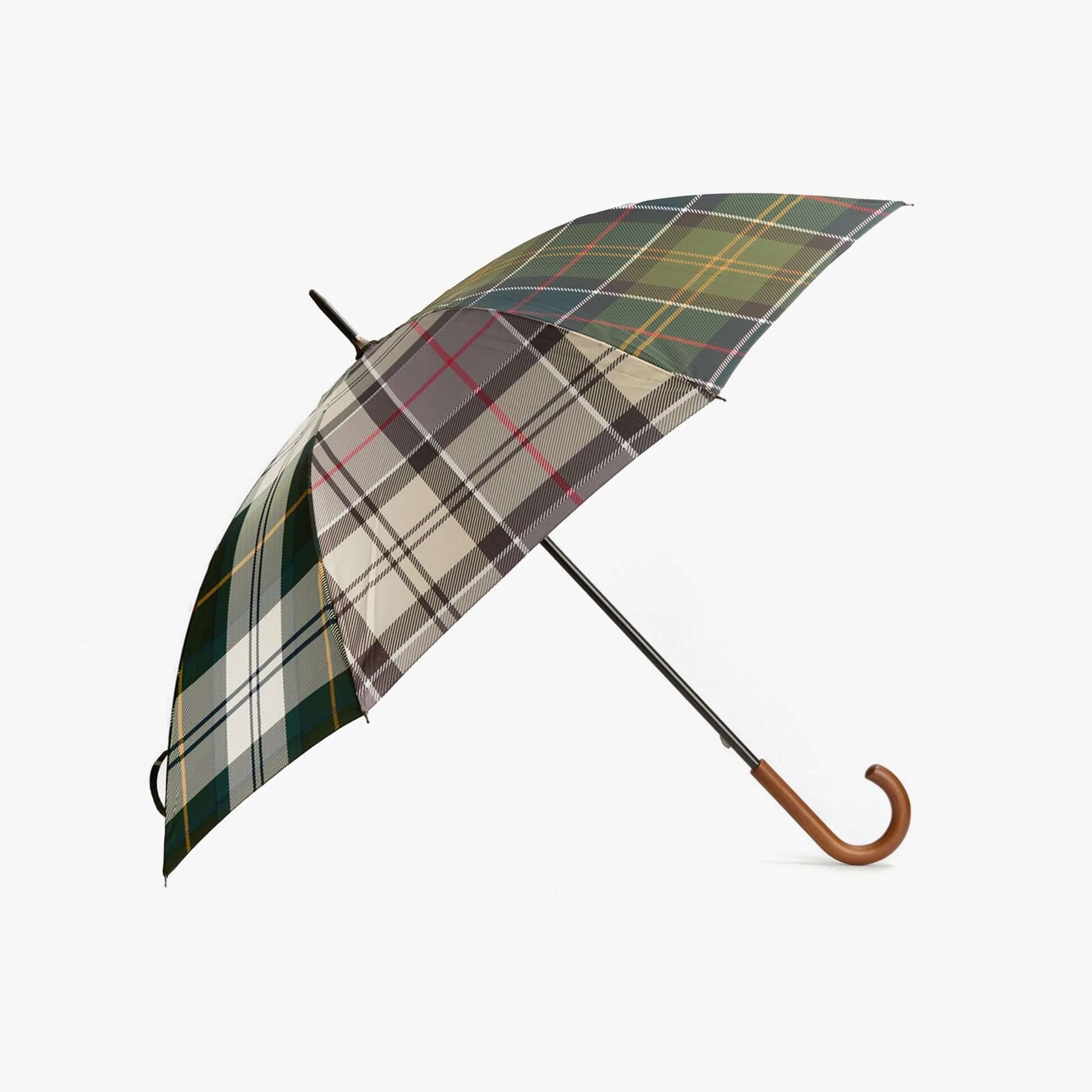Barbour MIXED TARTAN Umbrella Mixed Tartan side view showcasing the mixed tartan design and wood handle.