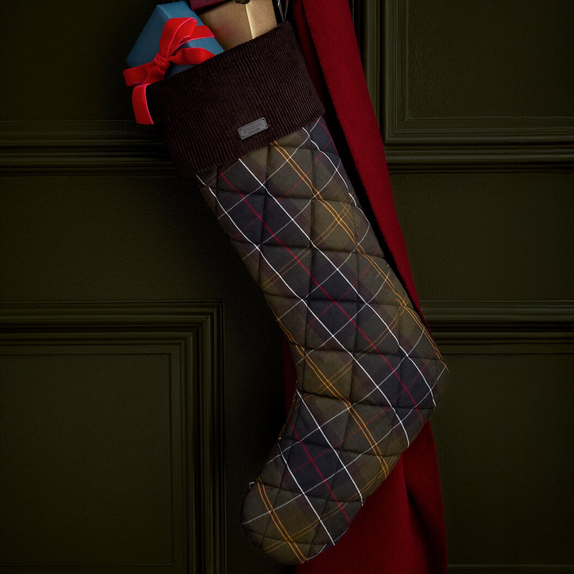 Barbour CHRISTMAS STOCKING Mens Classic Tartan detail view with quilted pattern and embroidered logo badge