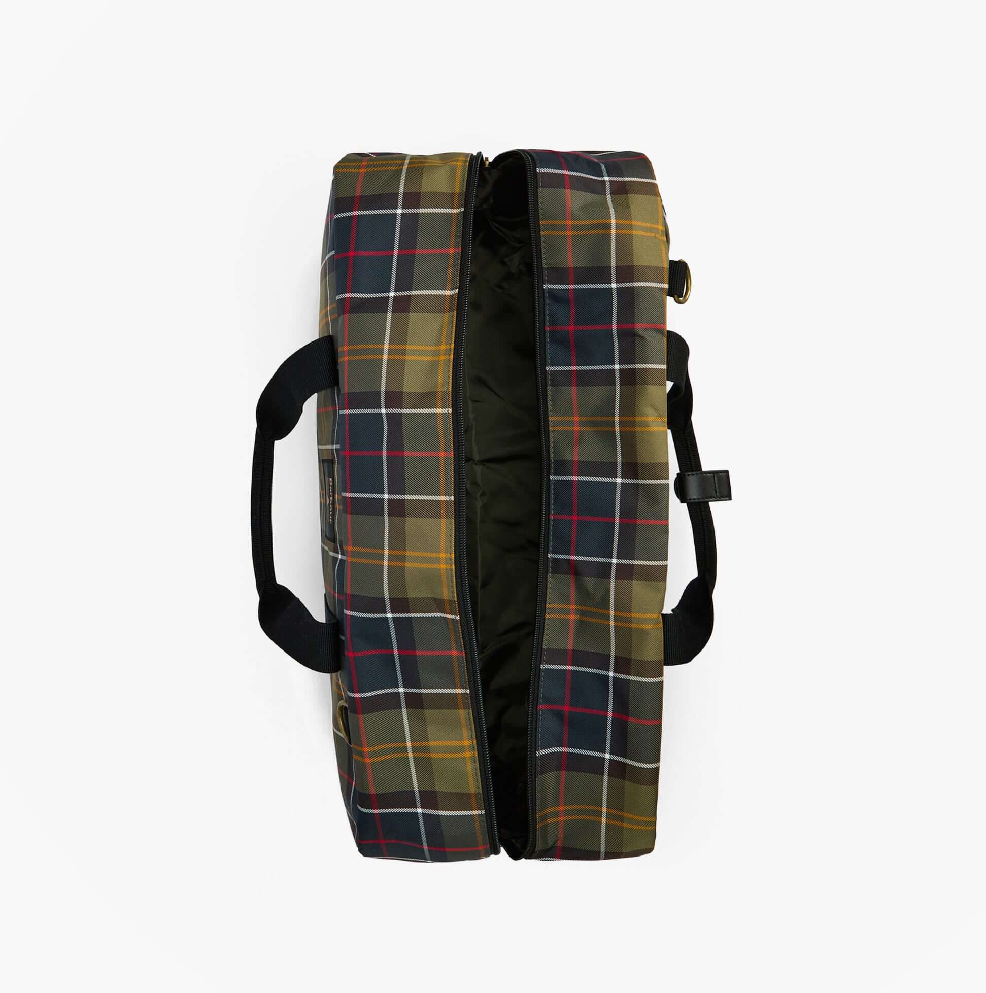 Barbour TORRIDON TARTAN Holdall Bag Classic Tartan top view showcasing zip closure and tartan pattern.