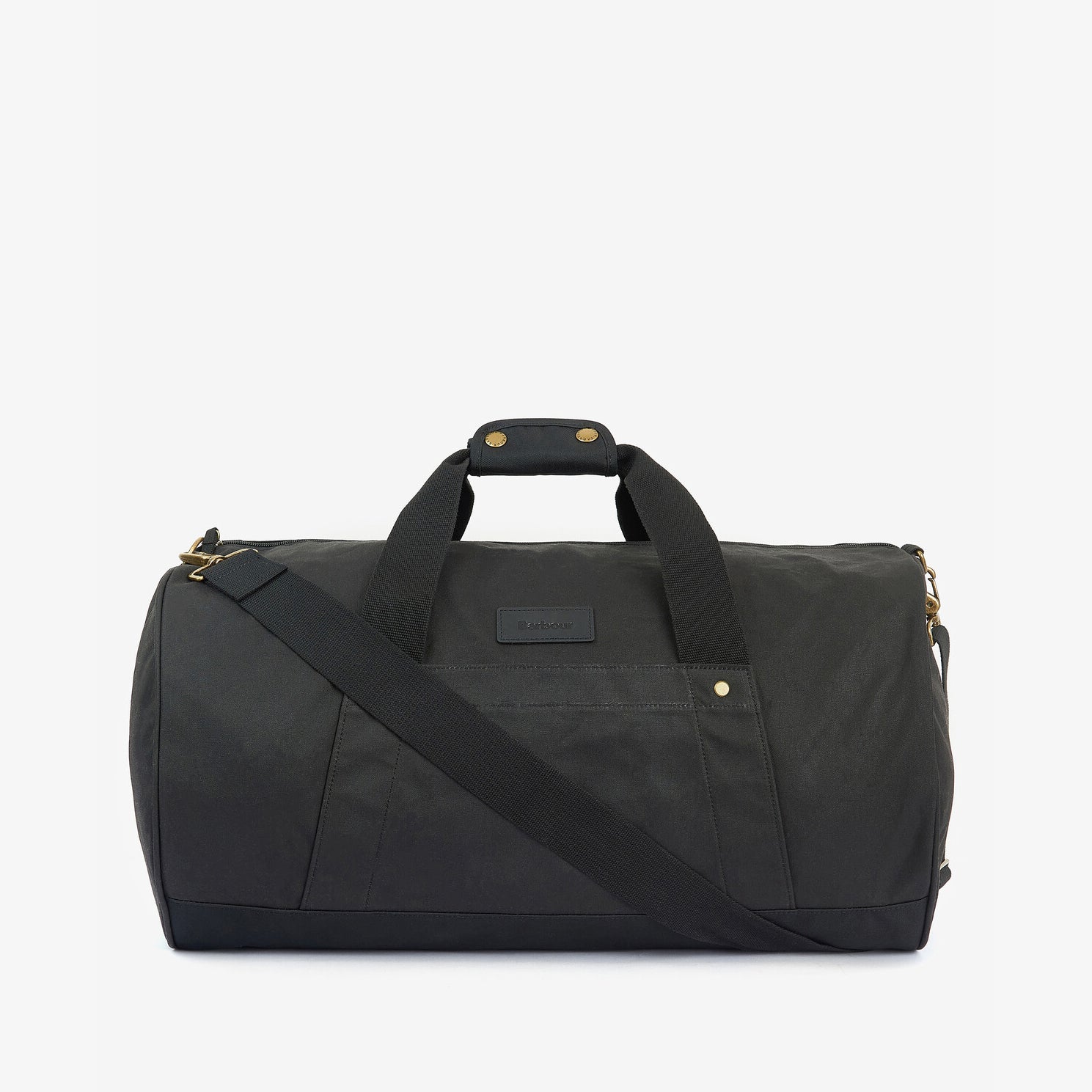 Barbour EXPLORER WAX Unisex Adults Duffle Bag Black front view with webbed handles and shoulder strap.