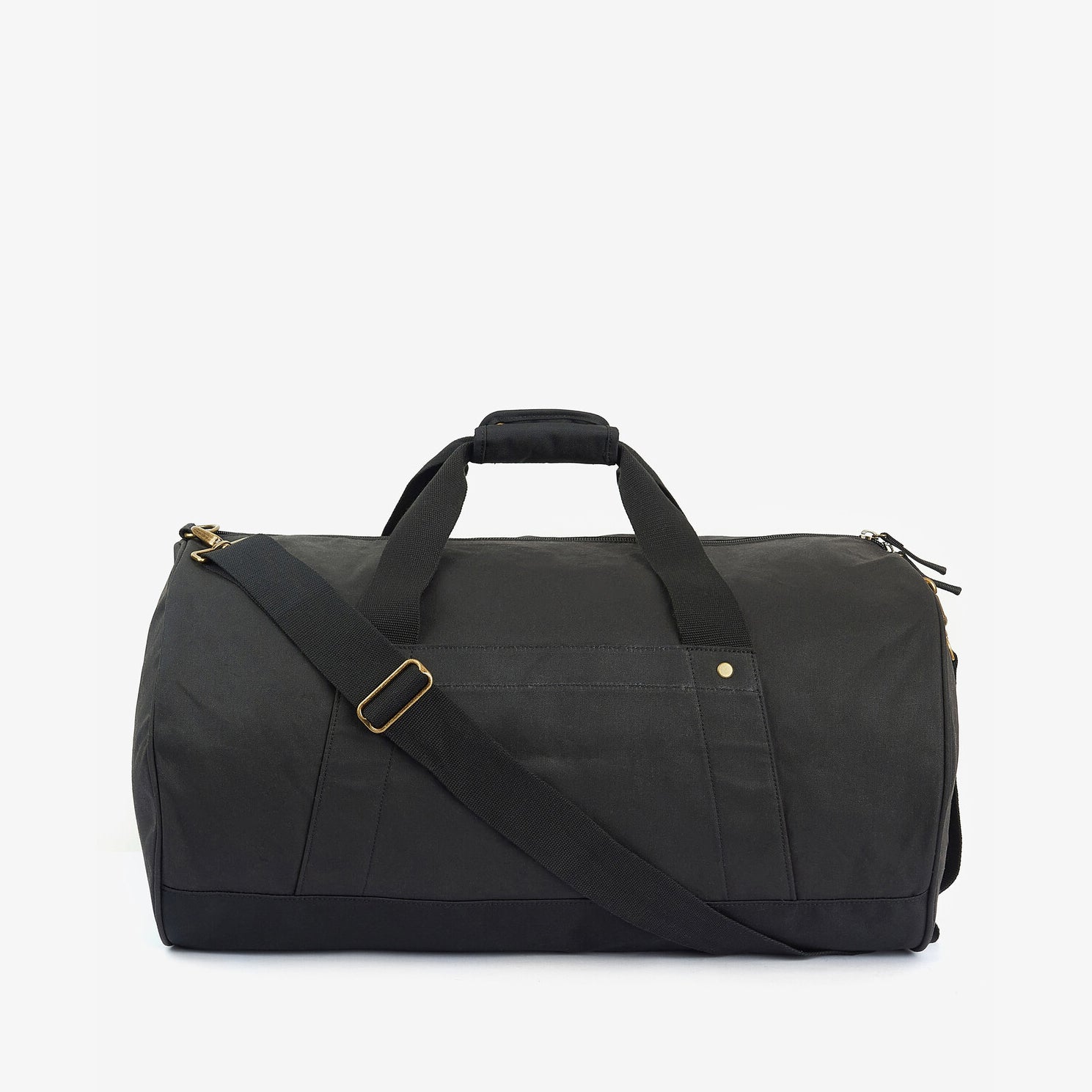 Barbour EXPLORER WAX Unisex Adults Duffle Bag Black front view with webbed grab handles and adjustable strap.