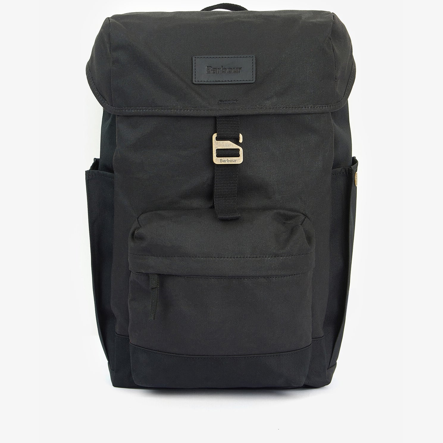 Barbour ESSENTIAL WAX BACKPACK Unisex Adults Backpack Black front view showing zip closure and embossed badge.