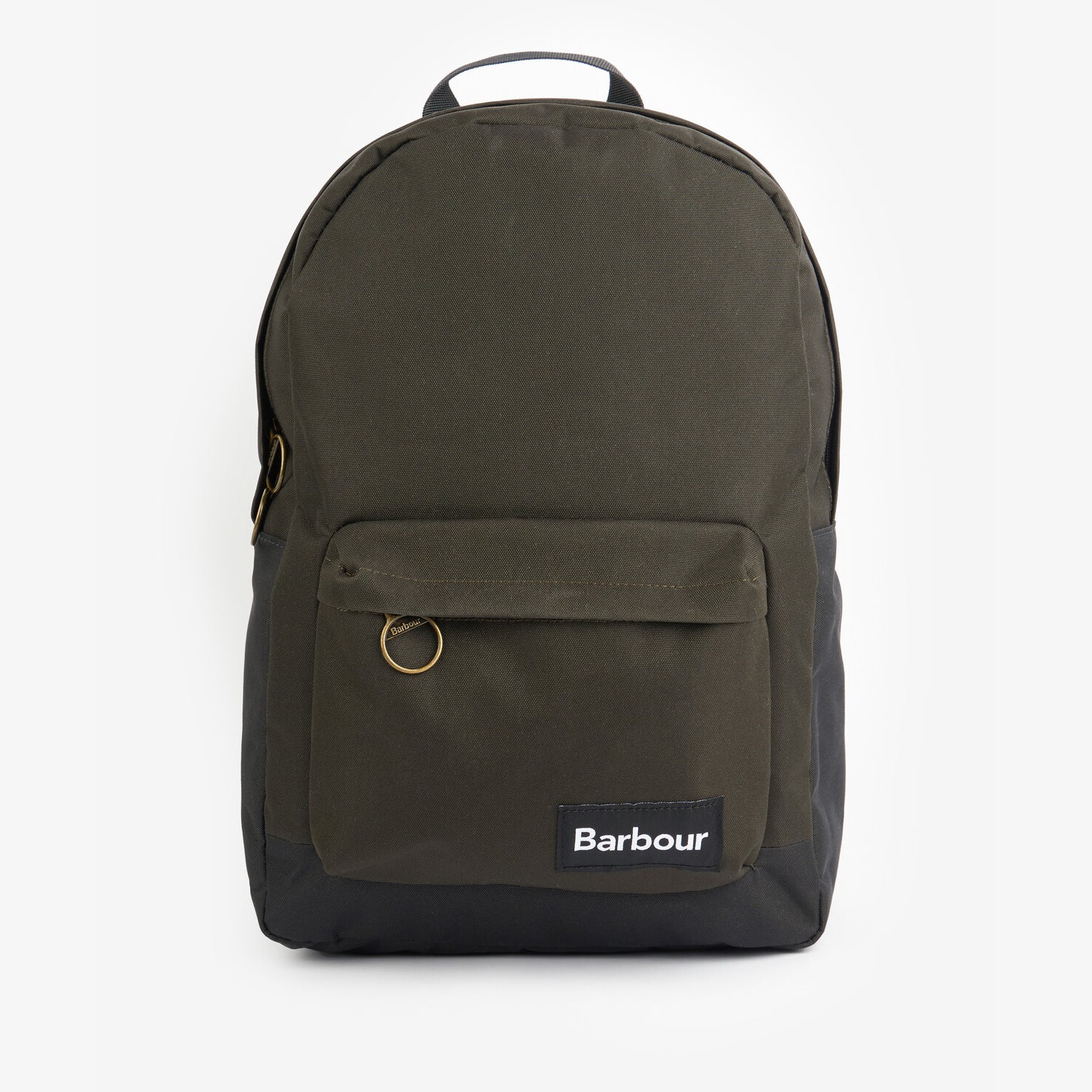 Barbour HIGHFIELD CANVAS BACKPACK Unisex Adults Canvas Backpack Navy/Olive front view showing outer pocket and brand label.