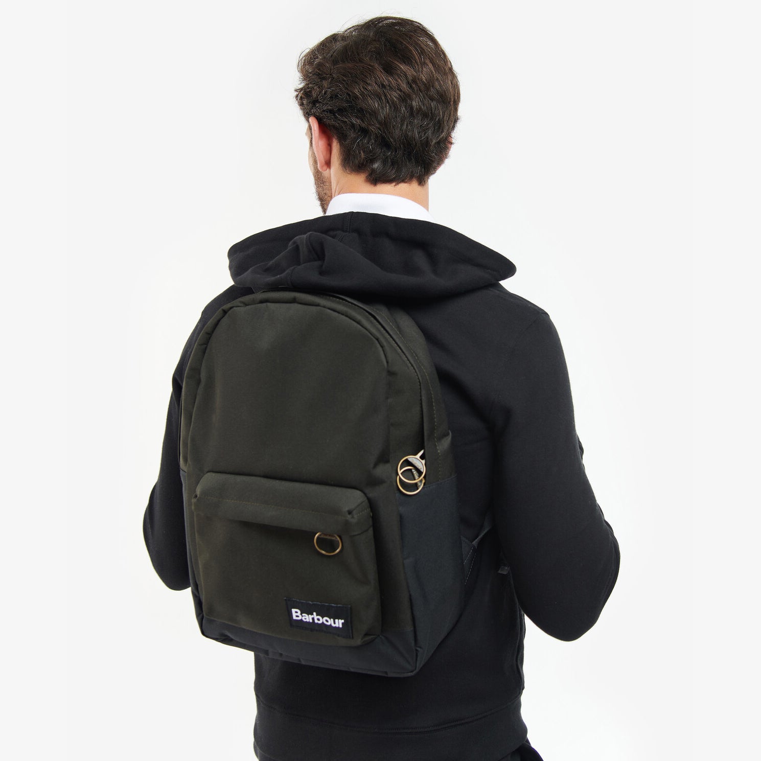 Barbour HIGHFIELD CANVAS BACKPACK Unisex Adults Canvas Backpack Navy/Olive rear view with zip closure and aged brass effect puller