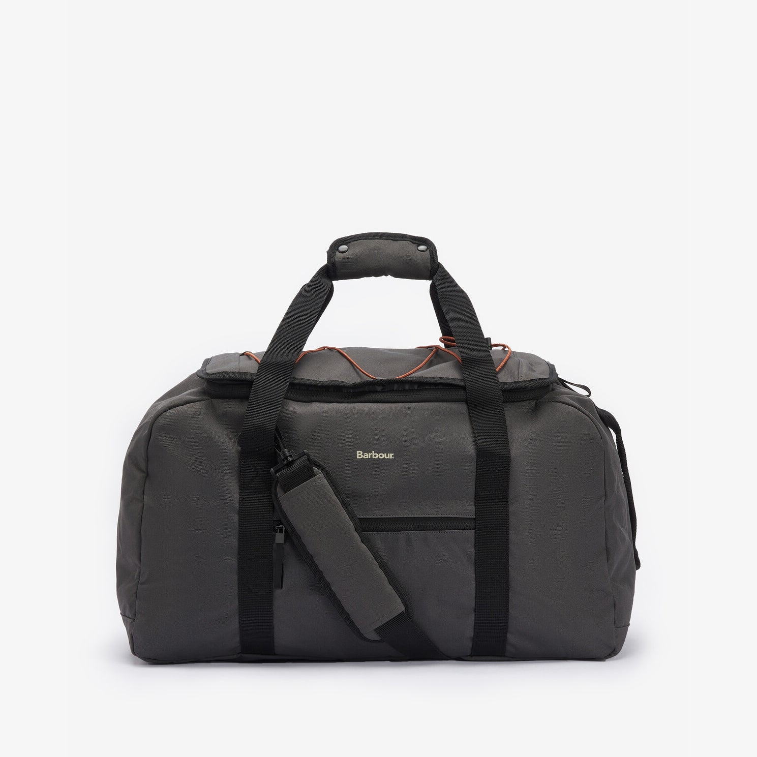 Barbour ARWIN CANVAS Unisex Adults Duffle Bag Charcoal/Ginger front view with large zip opening and twin webbed handles.