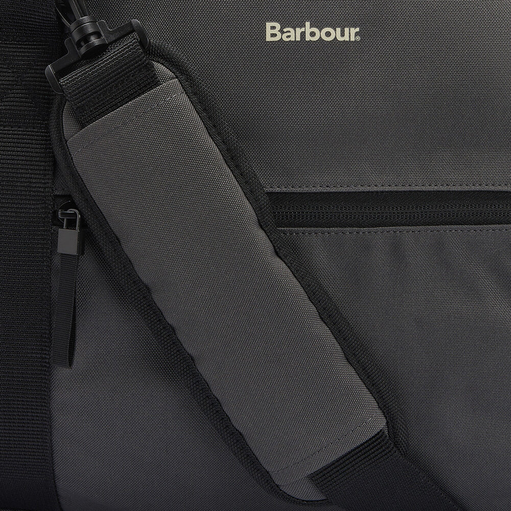 Barbour ARWIN CANVAS Unisex Adults Duffle Bag Charcoal/Ginger detail view of shoulder strap and zip.