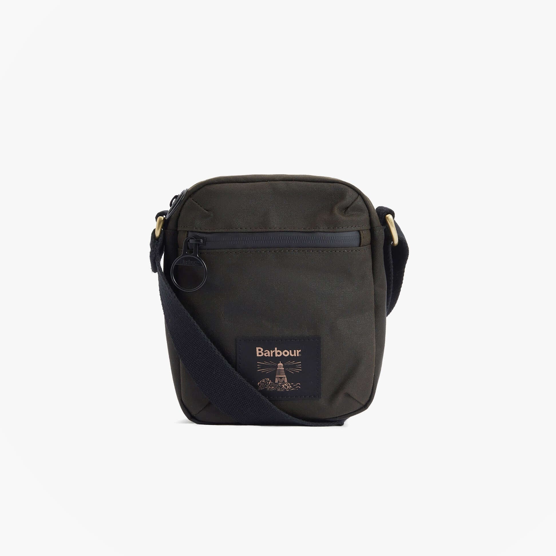 Barbour FIELD WAX Mens Crossbody Bag Olive/Black front view with zip closure and adjustable strap.