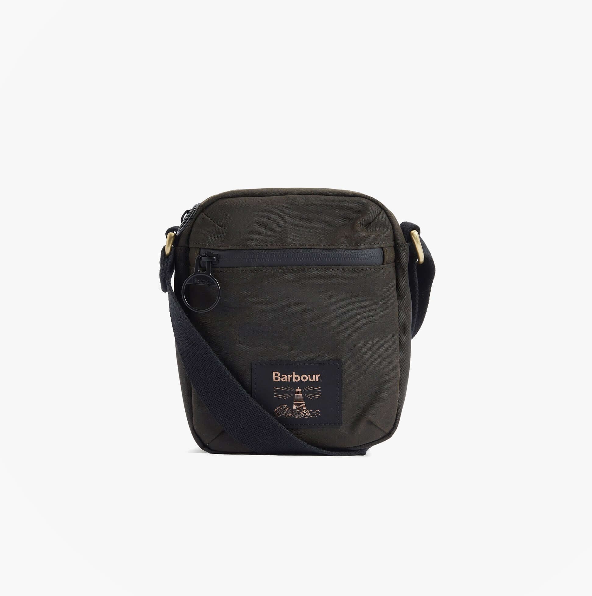 Barbour FIELD WAX Mens Crossbody Bag Olive/Black front view with zip closure and adjustable strap.