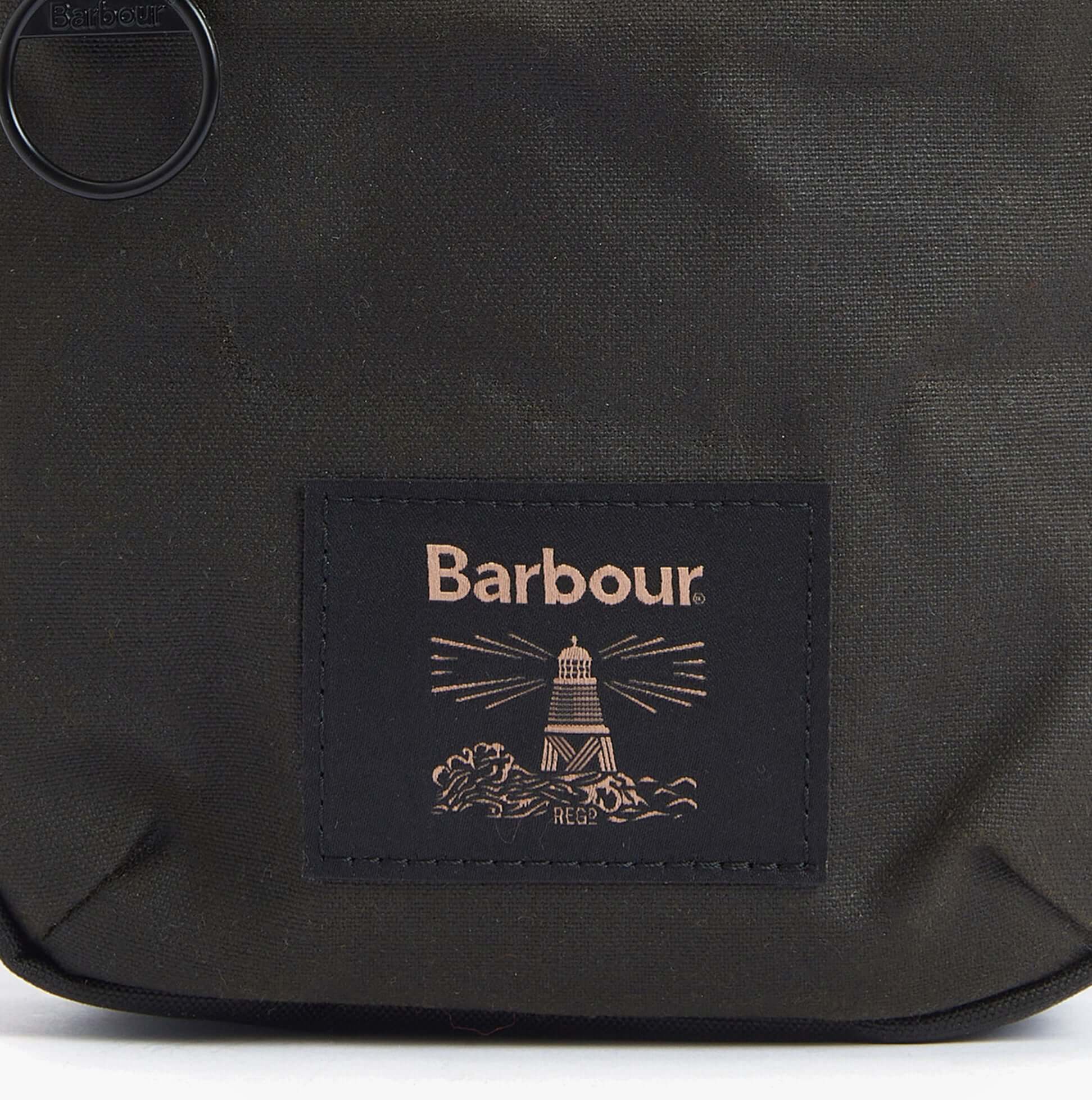 Barbour FIELD WAX Mens Crossbody Bag Olive/Black detail view of logo on bag.