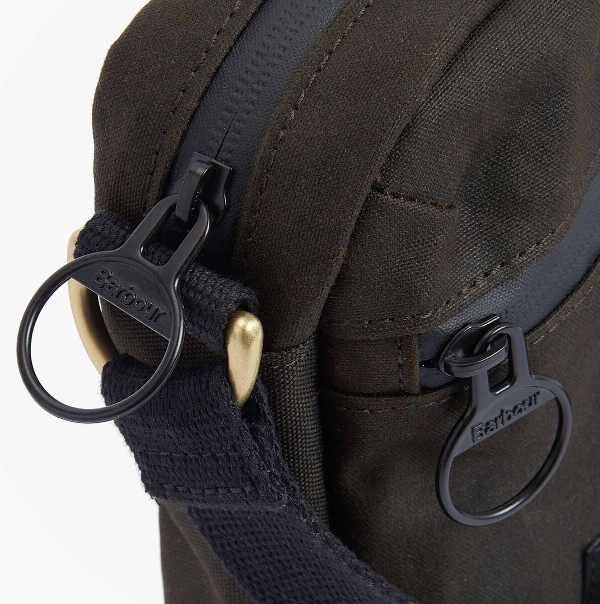 Barbour FIELD WAX Mens Crossbody Bag Olive/Black detail view showing zip closure and strap details