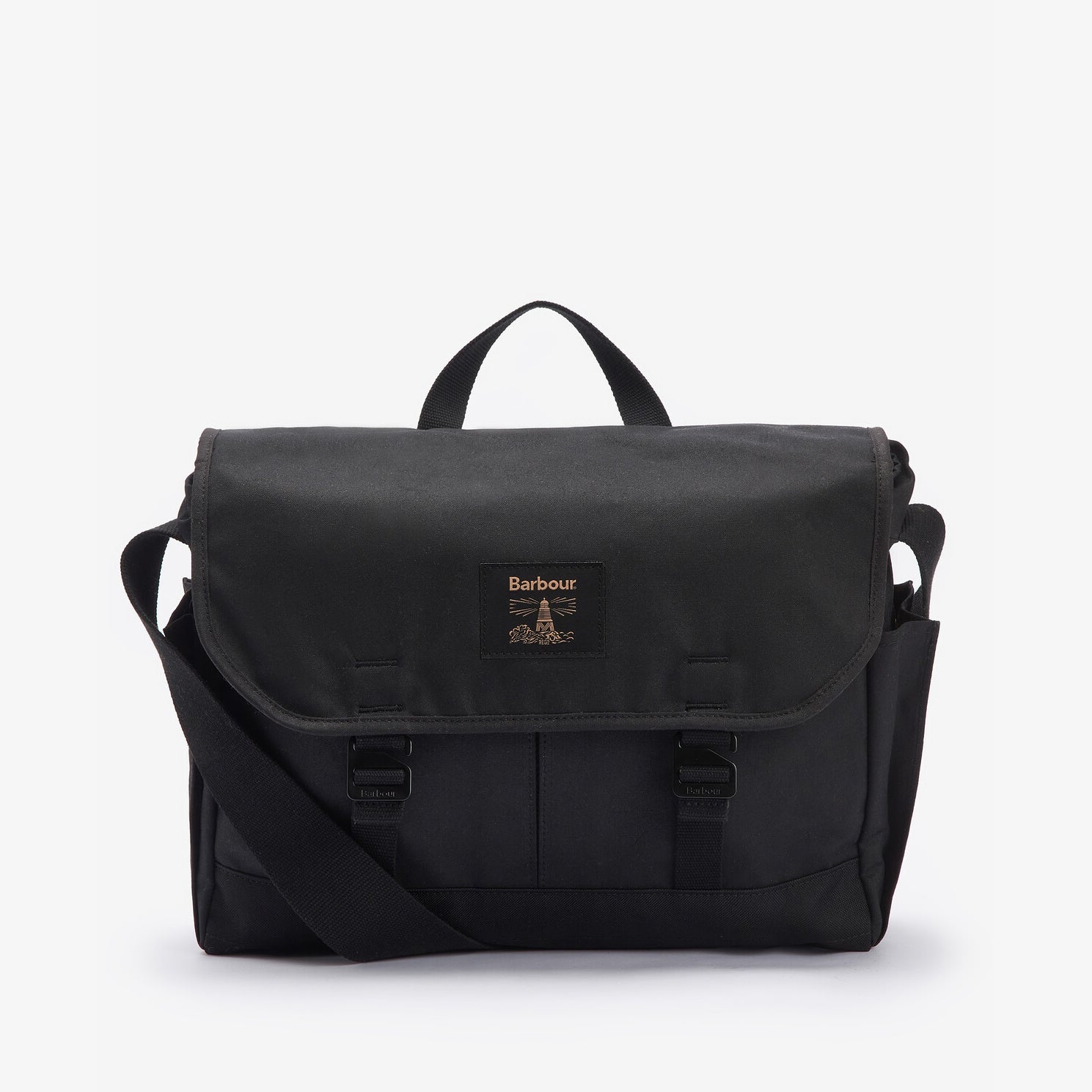 Barbour FIELD WAX Unisex Adults Messenger Bag Black front view with adjustable strap and buckle closure.
