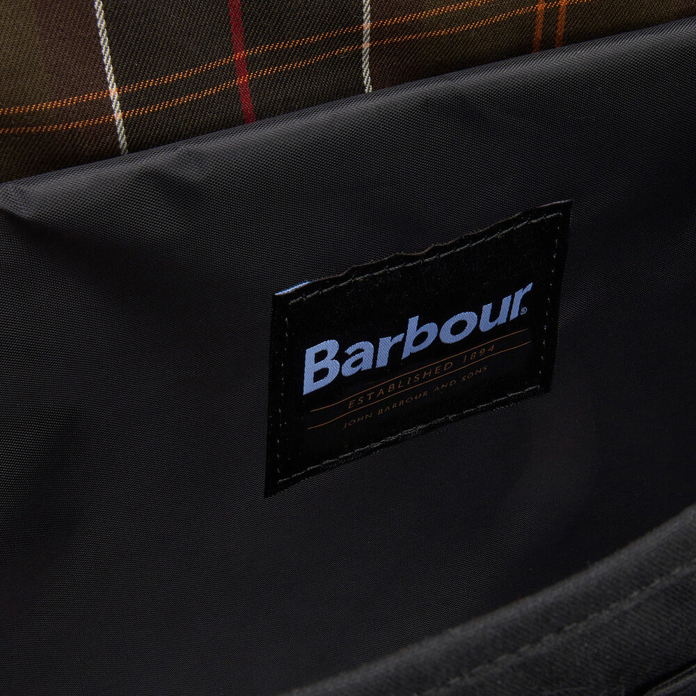 Detail view of Barbour FIELD WAX Unisex Adults Messenger Bag Black interior with brand tag.