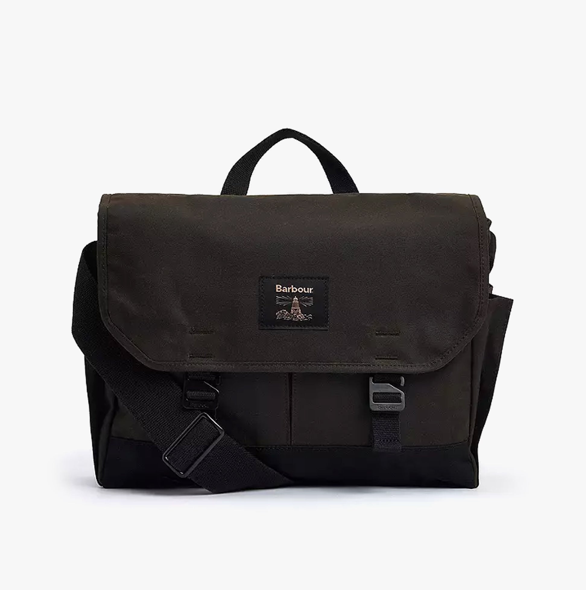 Barbour FIELD WAX Unisex Adults Messenger Bag Olive front view showcasing buckle closure and adjustable strap.